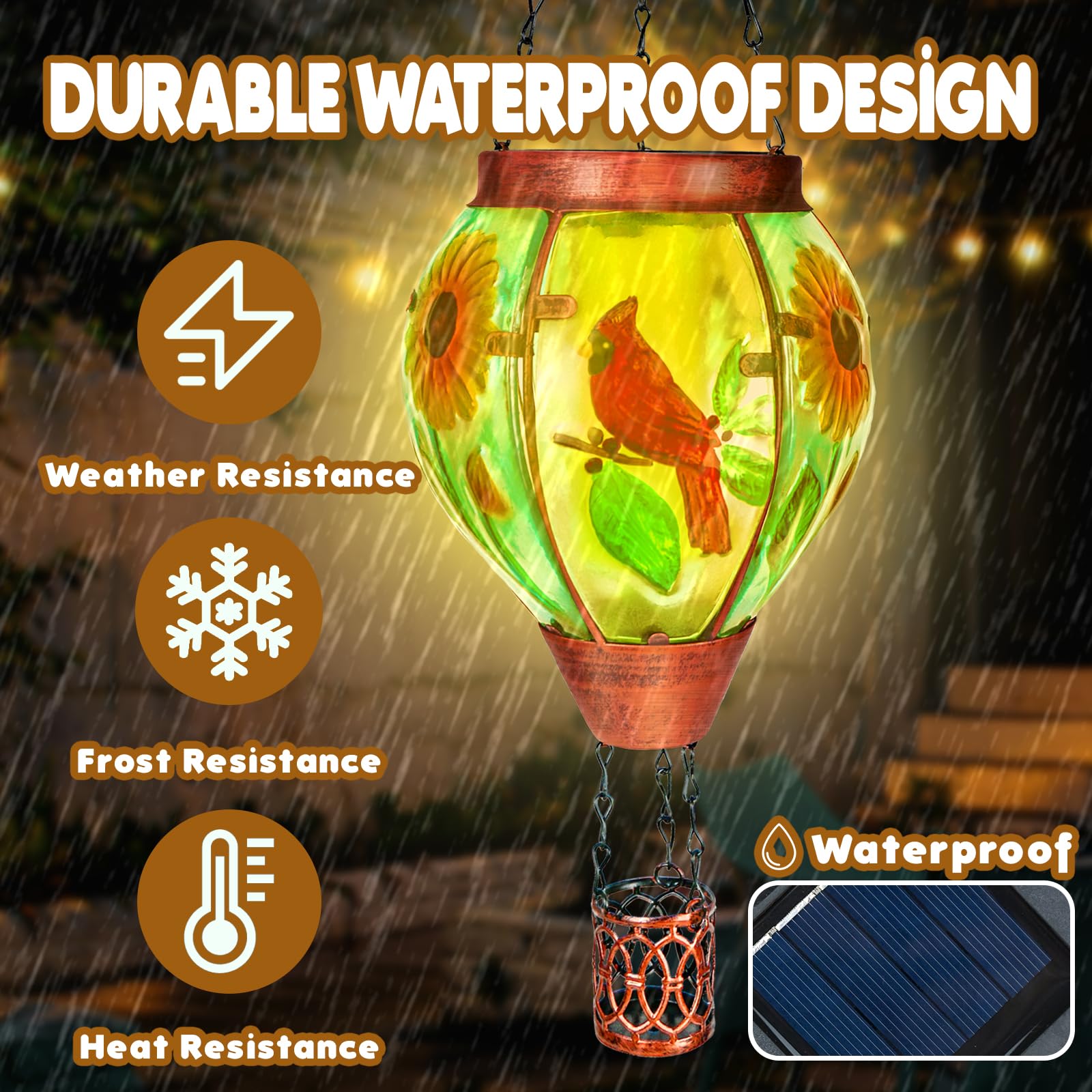 Solar Hot Air Balloon Lantern With Flame, Cardinal Glass Solar Hanging Lights Outdoor Yard Patio Farmhouse Decoration, Cardinal