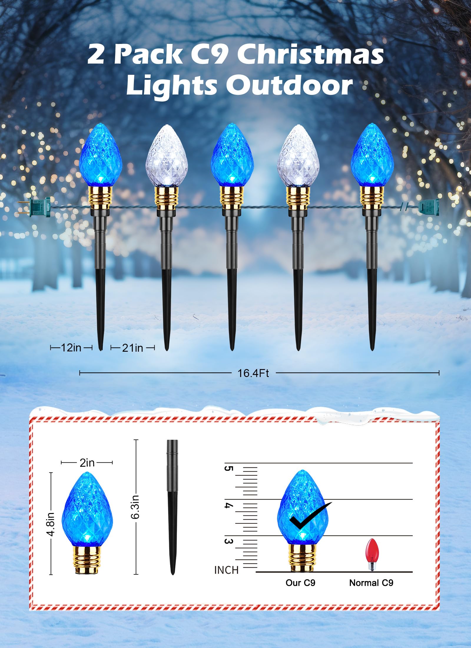 Brightown Christmas Pathway Lights - 2 Pack, 20 LED, 34.8 Feet, Blue & Pure White, GY-C-50.6-U-B1, Outdoor Yard Decorations