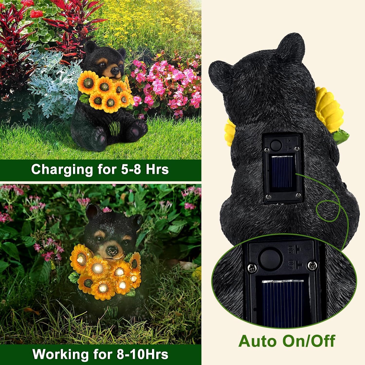 ILLUMINEW Solar Garden Lights Outdoor Statues Black Bear with Sunflowers, Sculpture Decor Mother Gifts for Women, Men or Daughte
