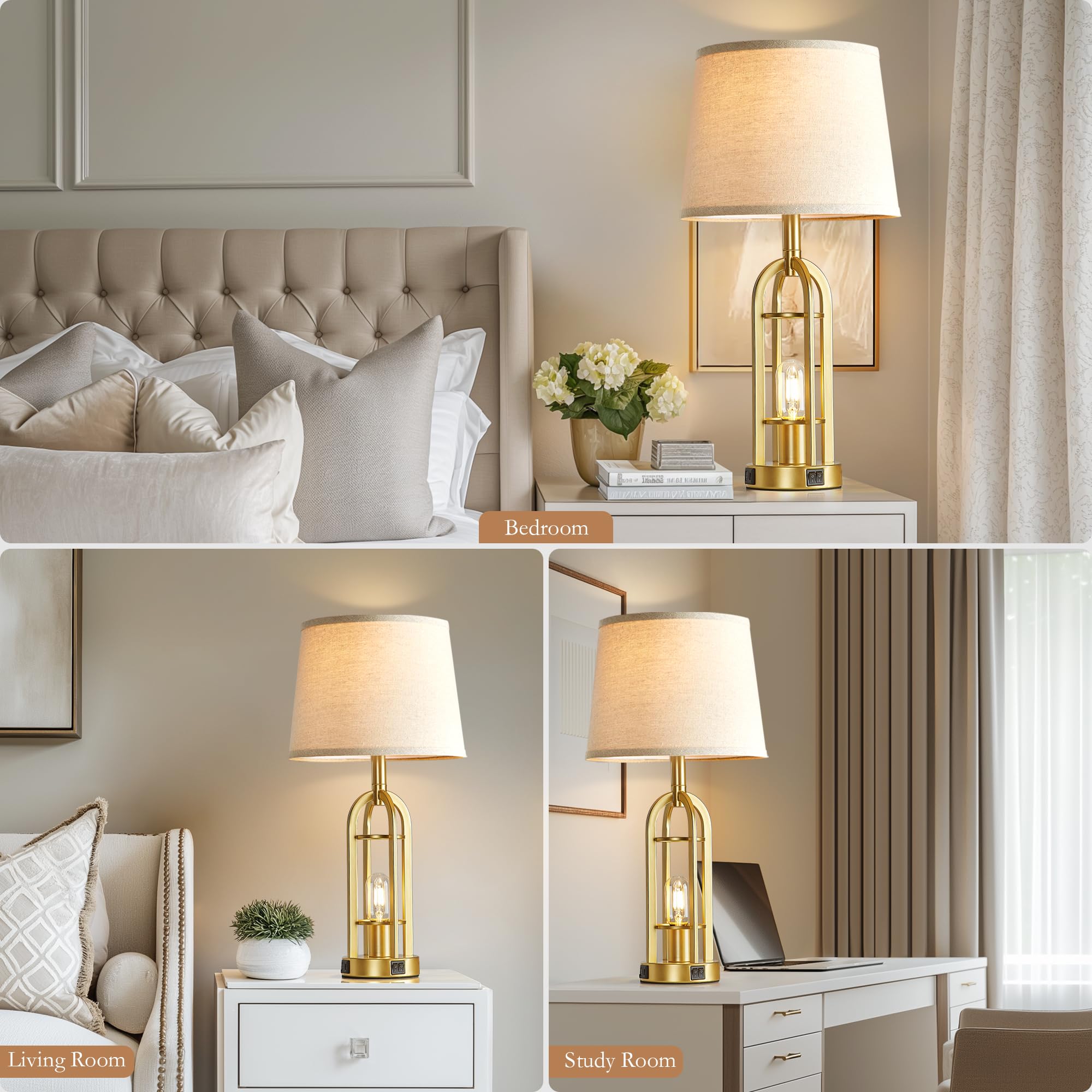 SRJJA Gold Table Lamps Set of 2 - Modern Farmhouse USB Nightlights, 24'' Button Switch, Ideal for Living Room and Bedroom