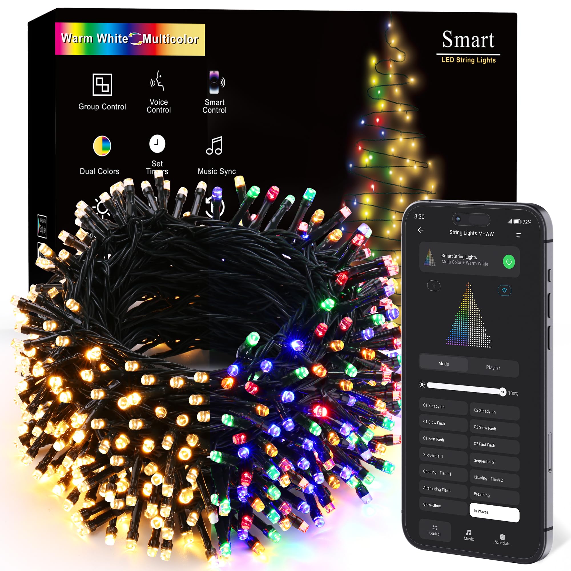 BrizLabs Smart Christmas Lights, 164ft 500 LED Color Changing Christmas Lights with APP/Voice Control, Warm White & Multicolor X