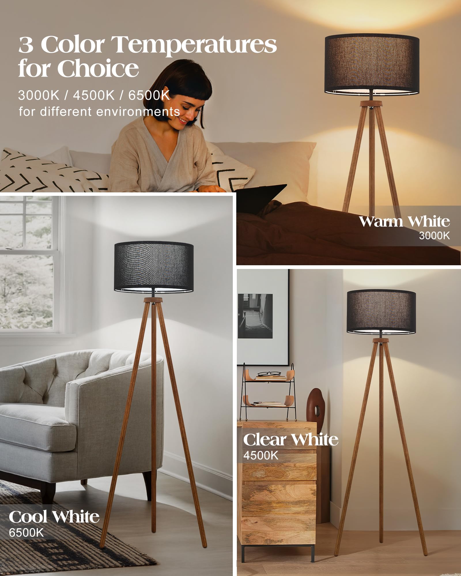 Elyona Wood Tripod Floor Lamp, Modern Standing Lamp With Black Drum Linen Shade & 3 Color Temperatures Led Bulb, Industrial Tall