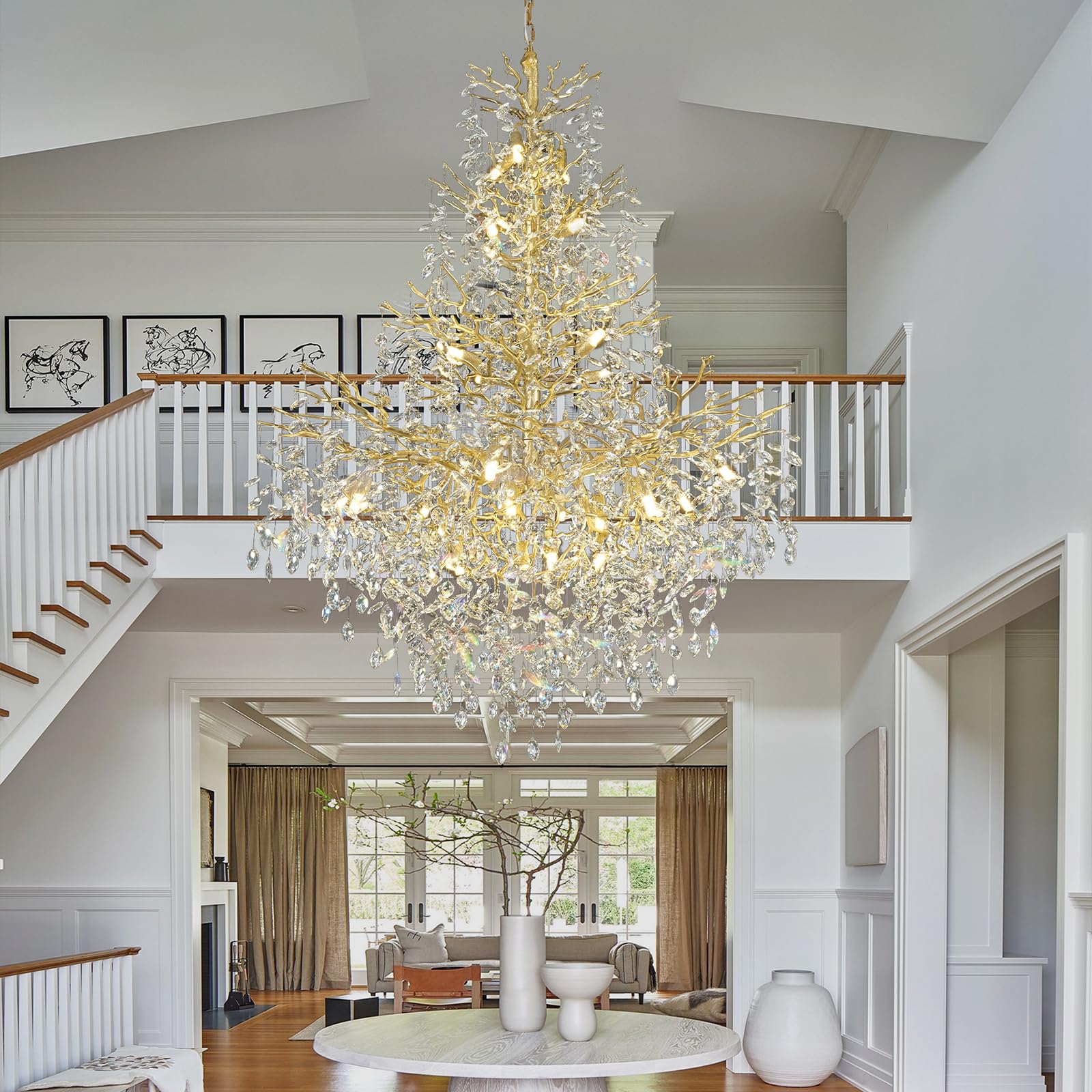 Kvtinmty H65'' Gold Tree Branch Crystal High Ceilings Chandeliers, Modern Crystal Staircase Chandelier, D48'' Foyer Chandelier F