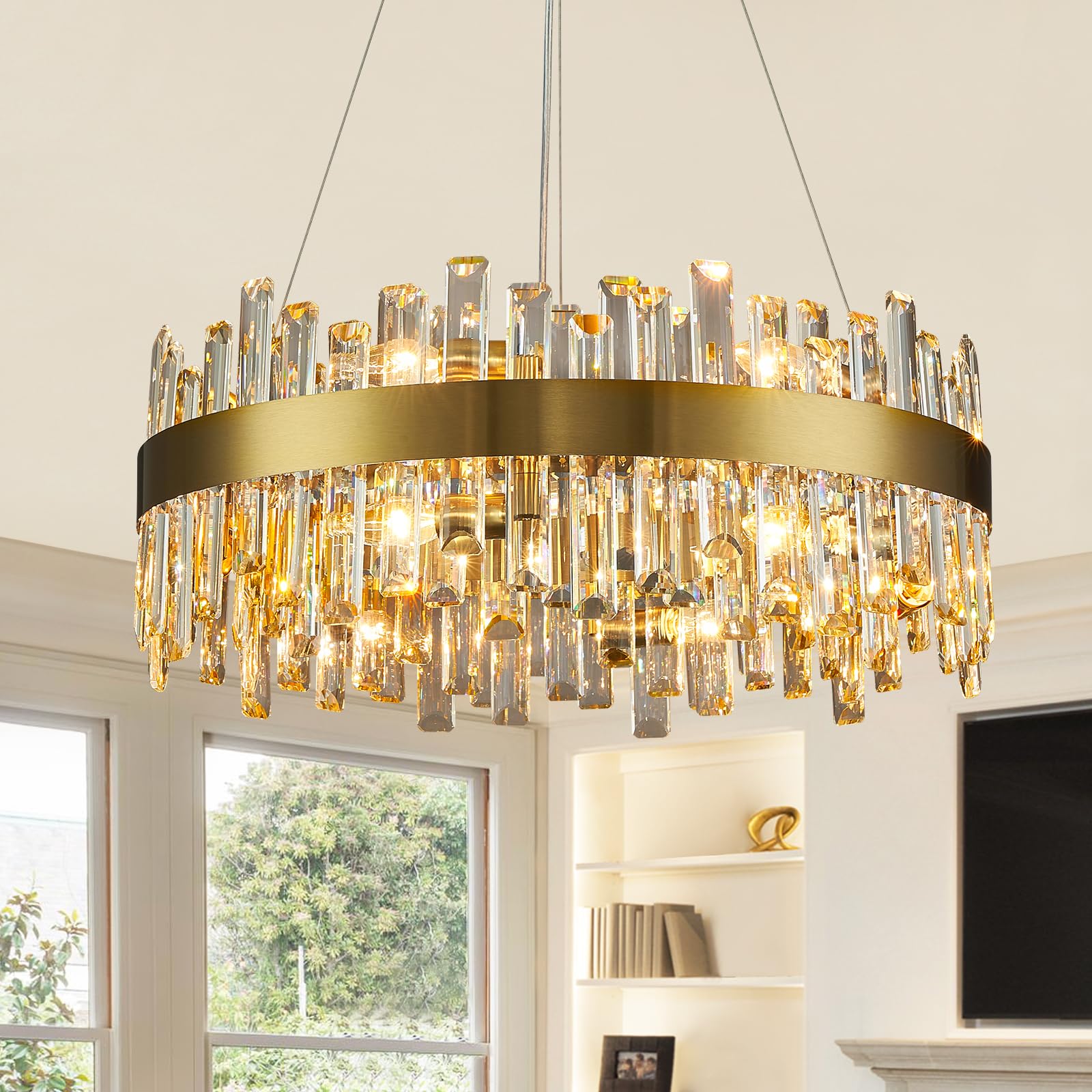Siljoy Modern Crystal Chandelier Brass Gold Round D23.6in  K9 Crystal Adjustable Ceiling Light for Living Dining Room, Clear Crystal