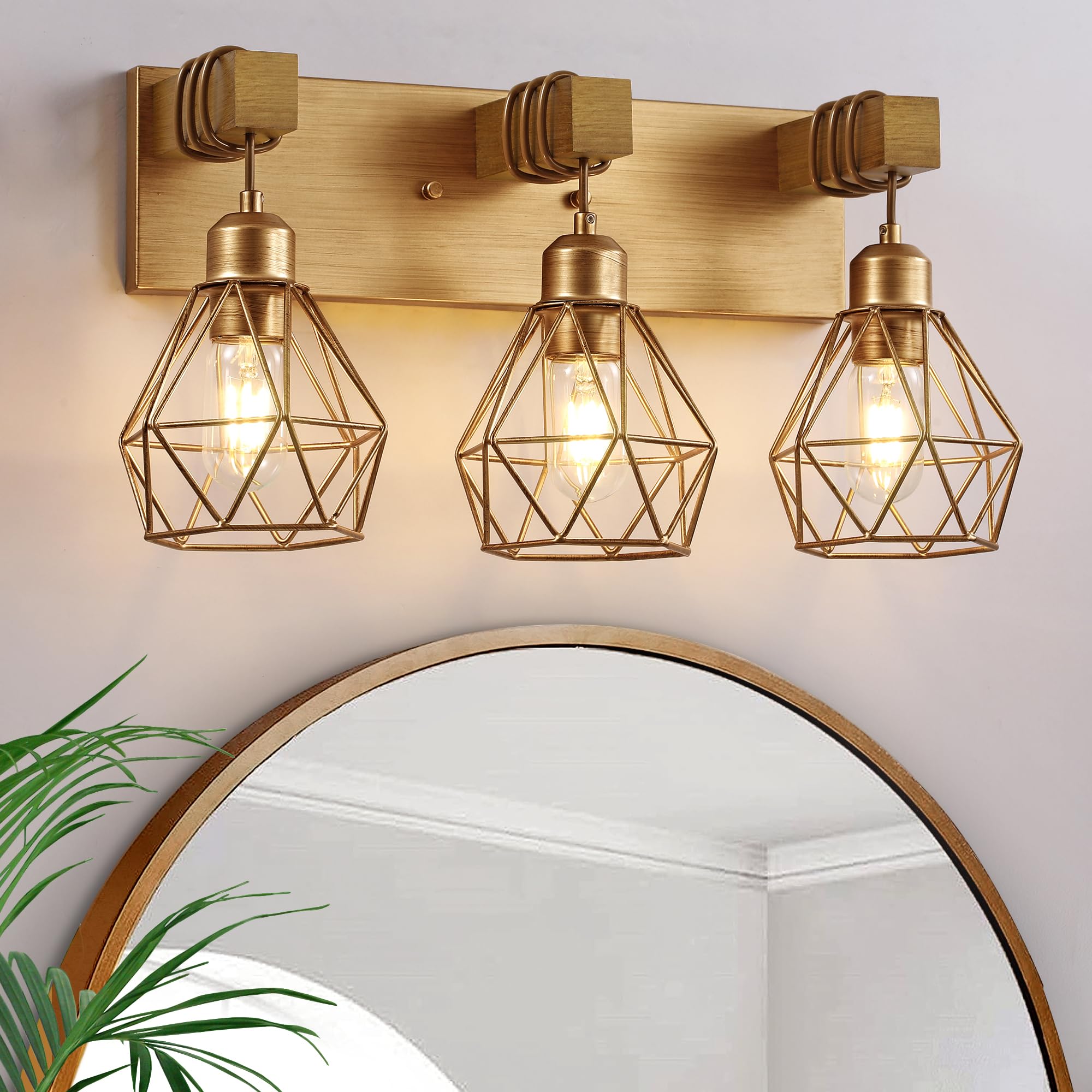 Farmhouse Bathroom Light Fixtures, 3-Light Gold Bathroom Vanity Light, Rustic Matte Antique Brass Finish with Metal Lampshade, W
