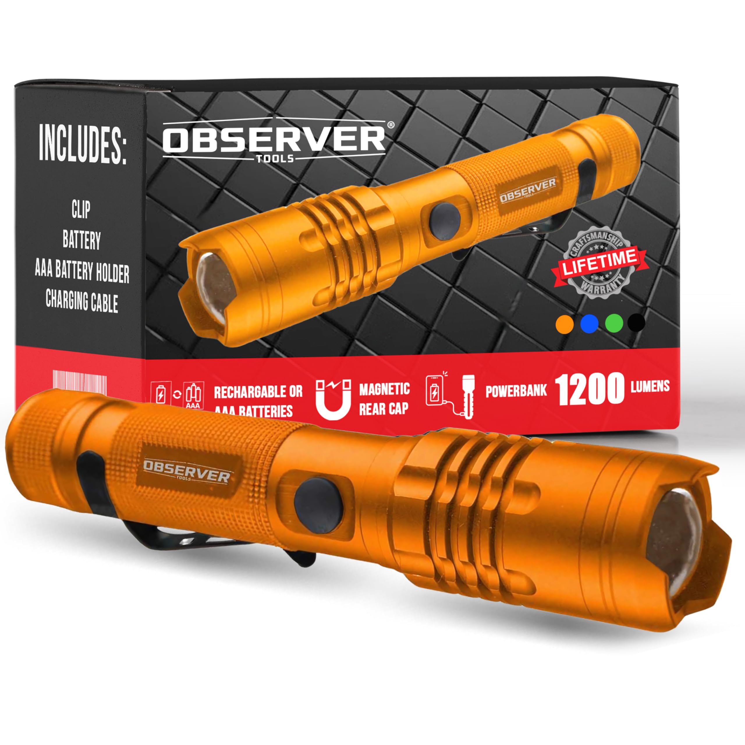 Observer Tools High Lumen LED Flashlight, Rechargeable, Powerbank, 1200 Lumens, Aluminum, Orange, Model FL1000-O, 1 Pack
