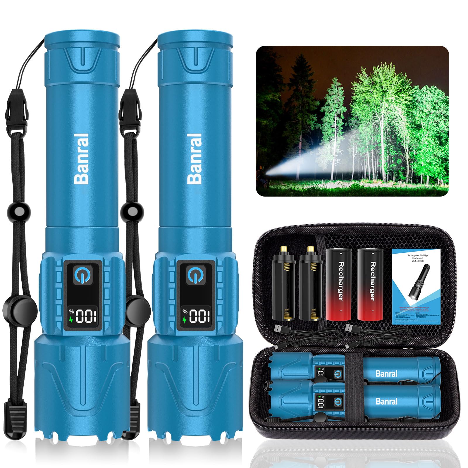 Banral Rechargeable Tactical Flashlight - 5000mAh, 5 Modes, Zoomable, Waterproof, Turquoise, Model K-2401-B