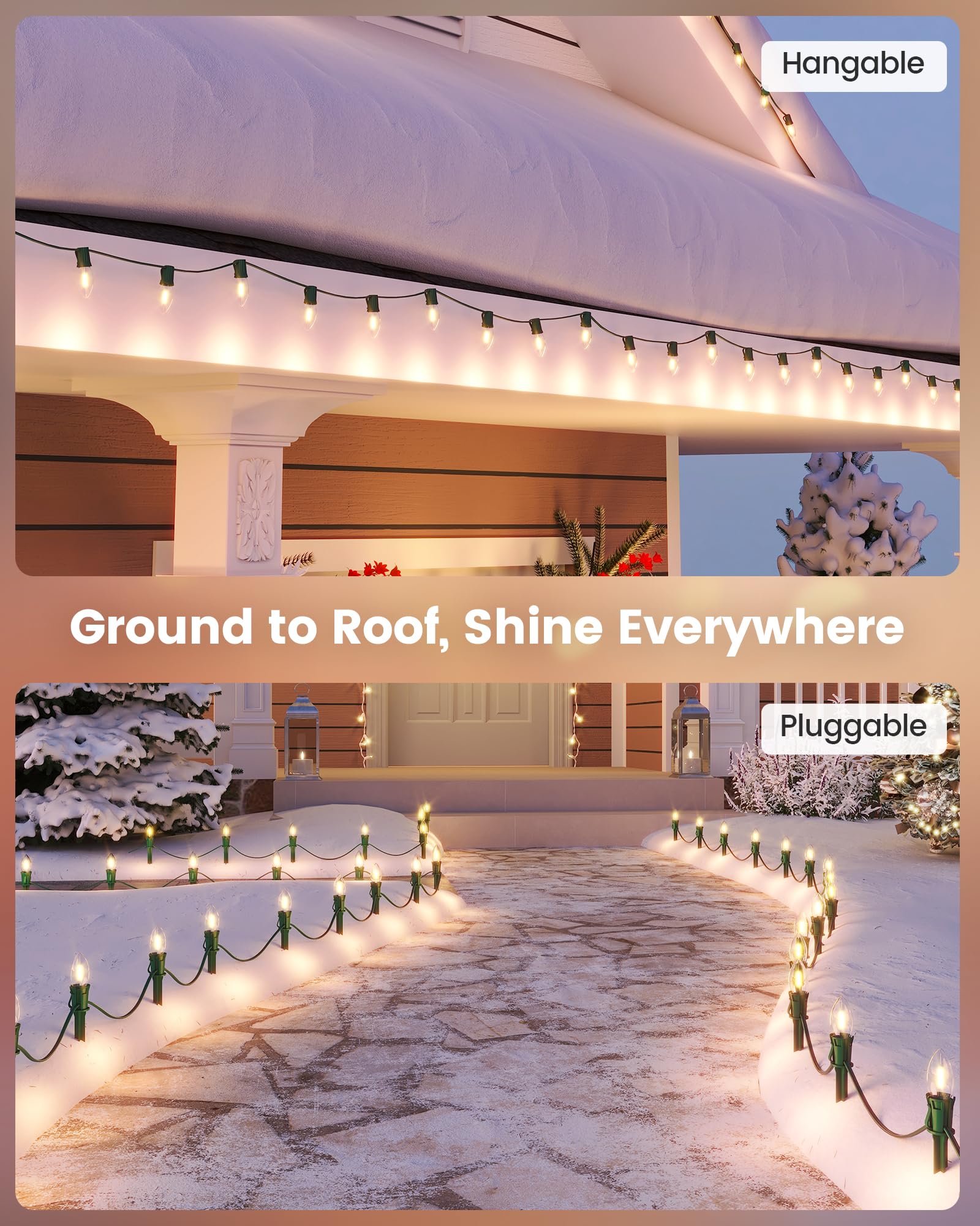 Suraielec C9 Christmas Pathway Lights, 25Ft Walkway Christmas Lights With 20 Warm Led Bulbs, 20 Stakes, Holiday Decoration For S