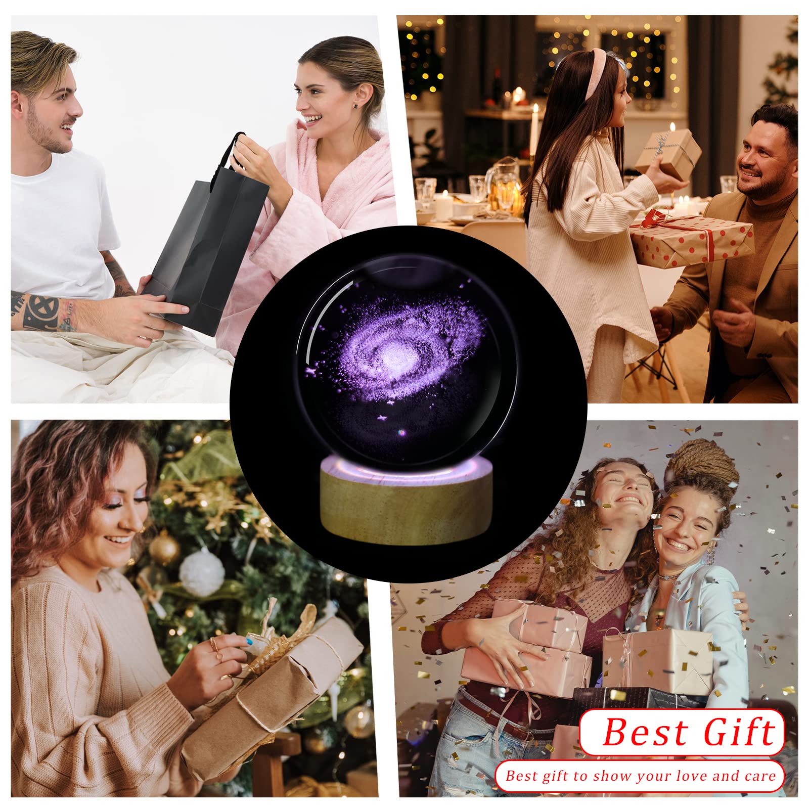 Huntalg 3D Galaxy Crystal Ball Night Light With Remote Upgraded 3.15 Inch Galaxy Planets Glass Ball Lamps With 16 Color Led Wood