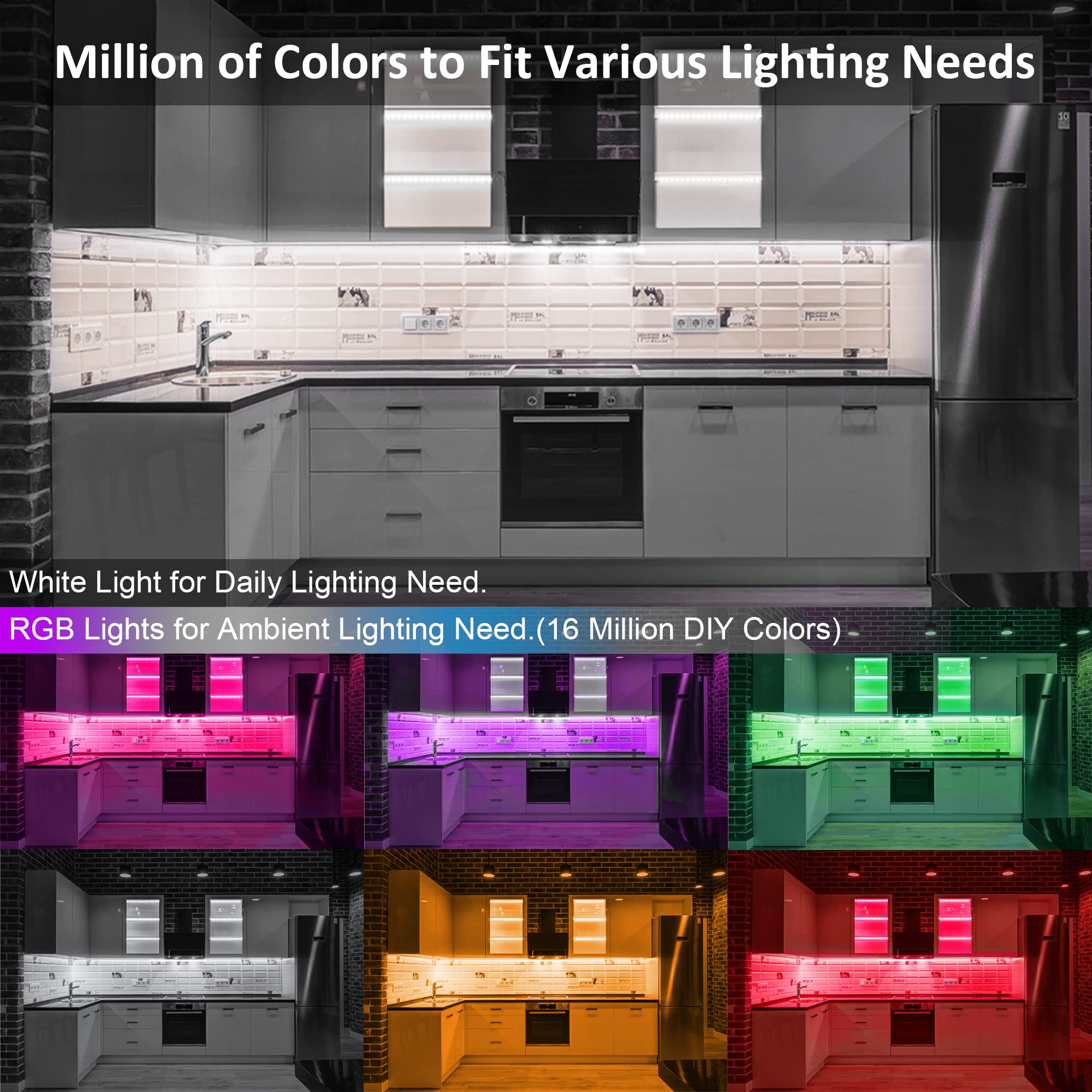 Benreom 6 Pcs RGB Under Cabinet Lights Kit, Smart App & Remote Control, Dimmable LED Lights for Kitchen, Multicolor