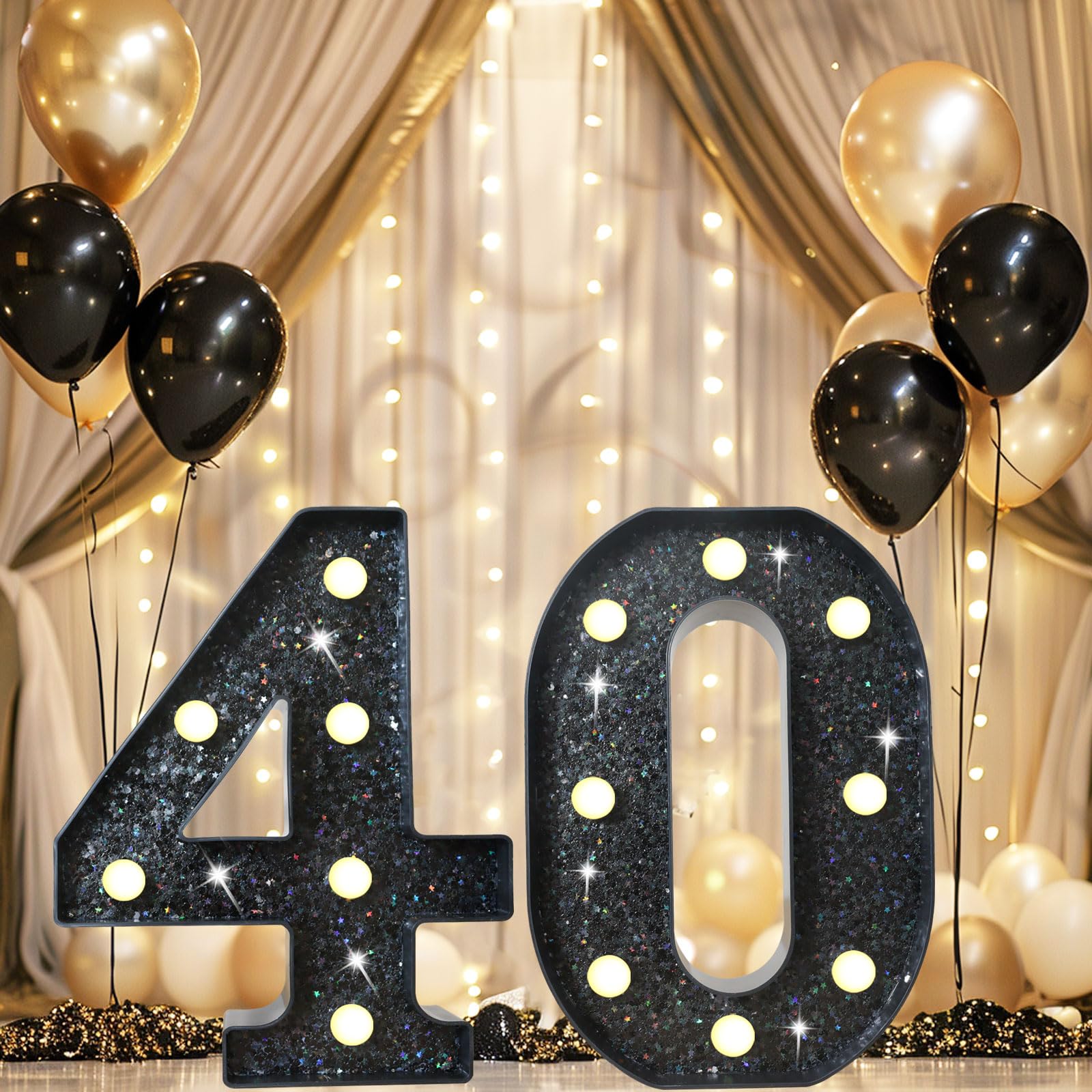 8.8 Decorative Led Light Up Numbers  Glitter Marquee Numbers Lights For 40Th Birthday Decorations  Shiny Lighted Number Sign For Birthday Party Wedding Anniversary Home Decor  Glitter Black 40