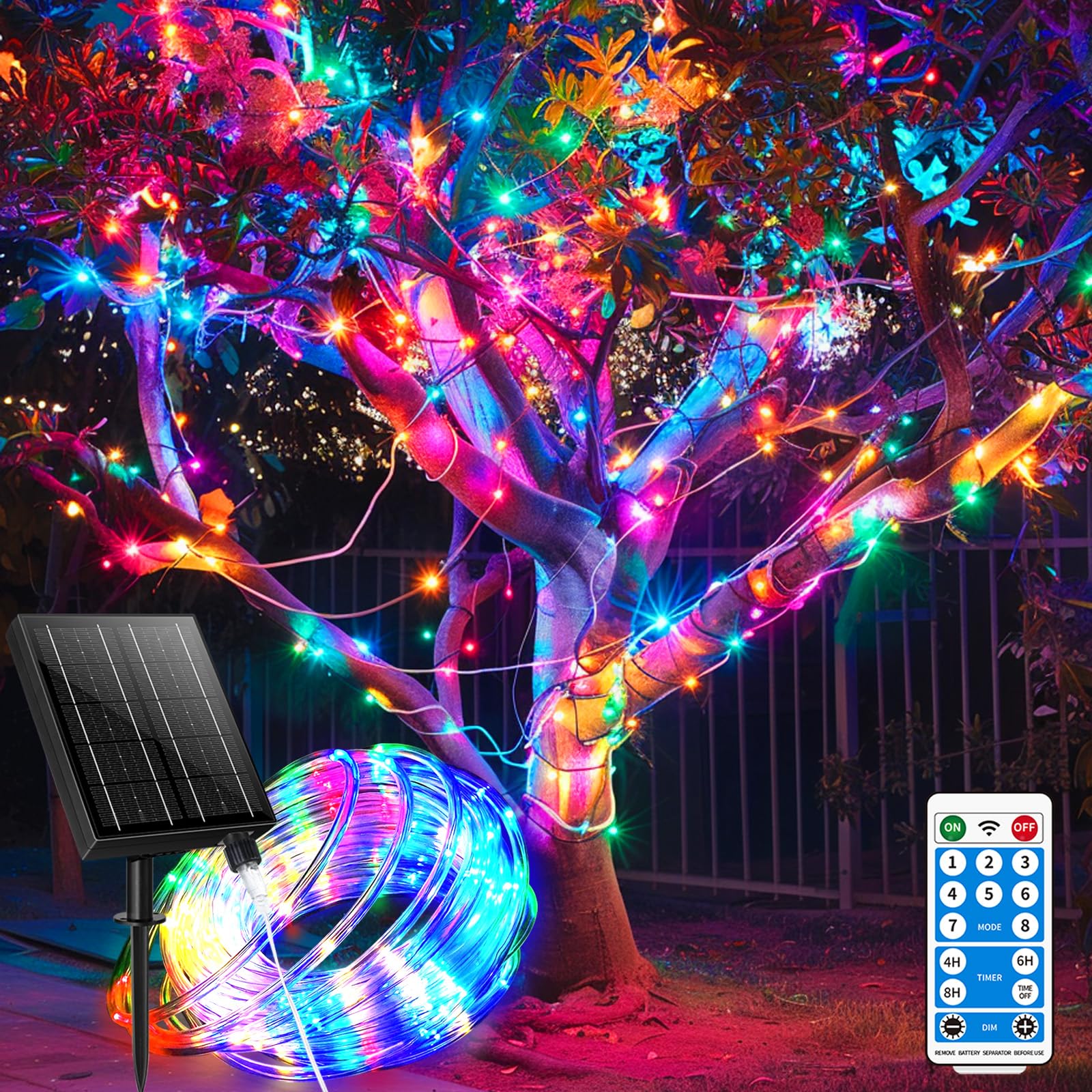 Solar Rope Lights 98Ft Waterproof 300Leds, Rechargeable Solar String Light With Remote Control,Outdoor Palm Tree Holiday Lights