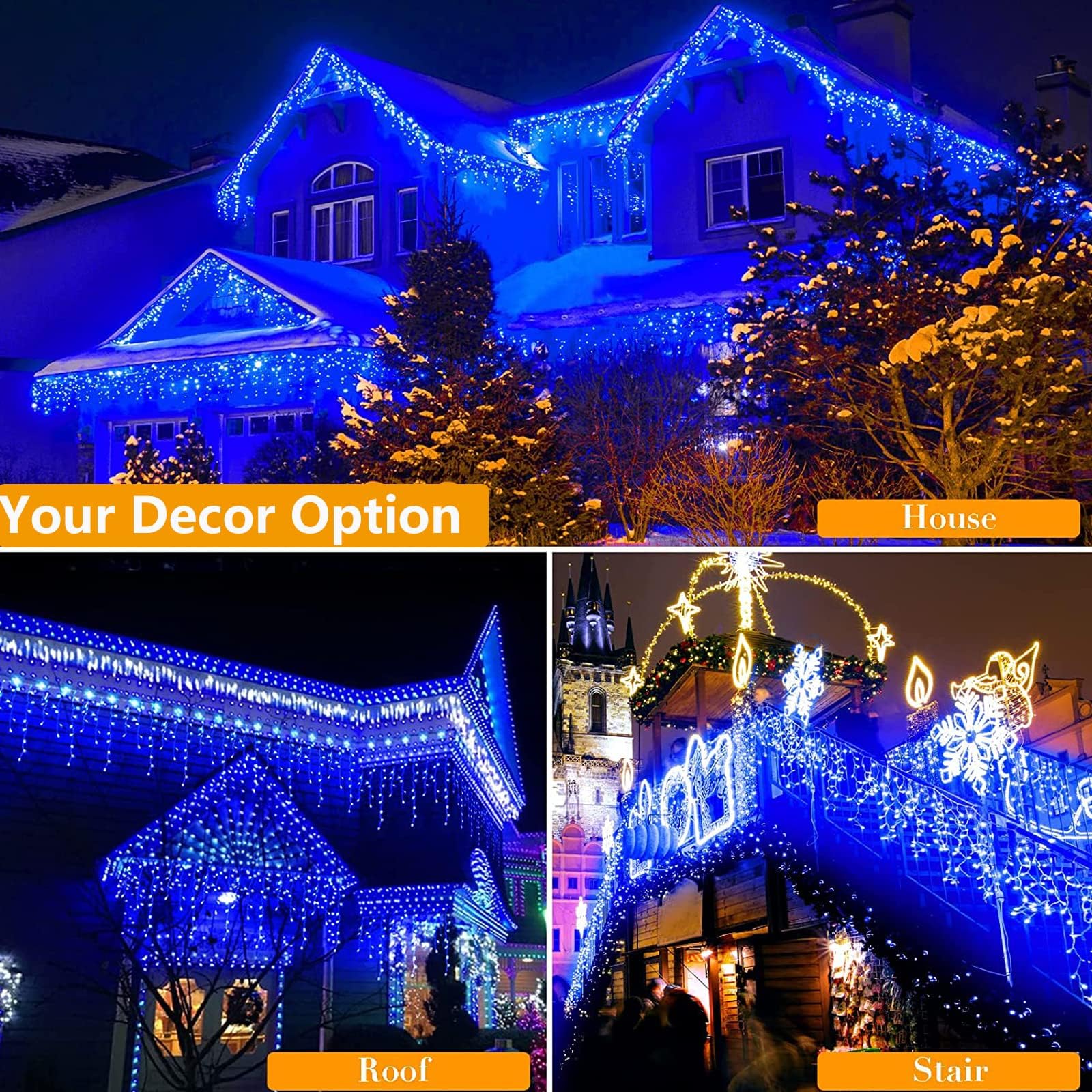 Joomer Christmas Icicle Lights, 32FT, Waterproof, 8 Modes, Blue, Model SSL0200-I-24V, Connectable for Outdoor Decorations