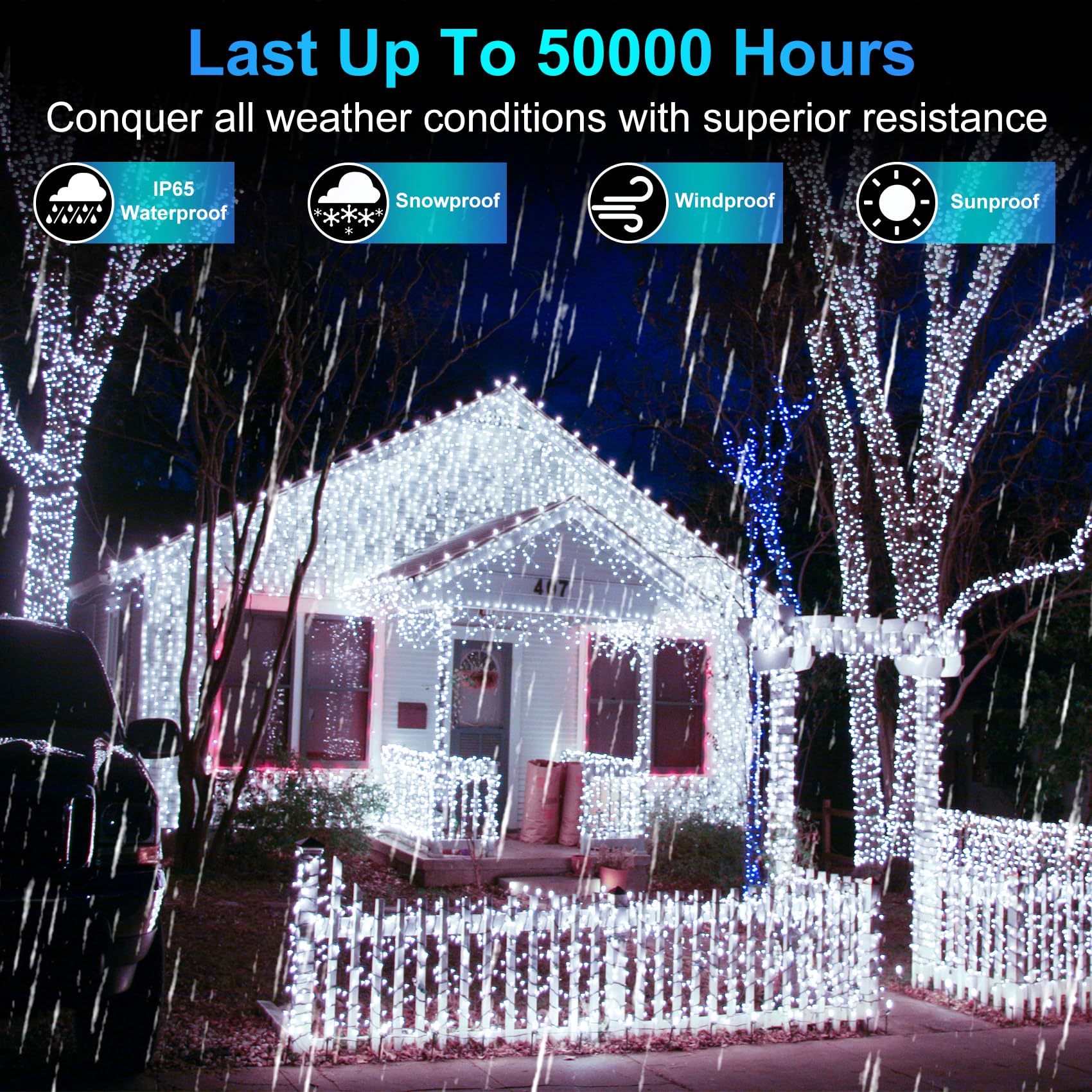 YHBJKCZ Christmas Lights Outdoor 1350 LED Cool White Waterproof Plug In with Timer & 8 Modes, Model HS-1350L