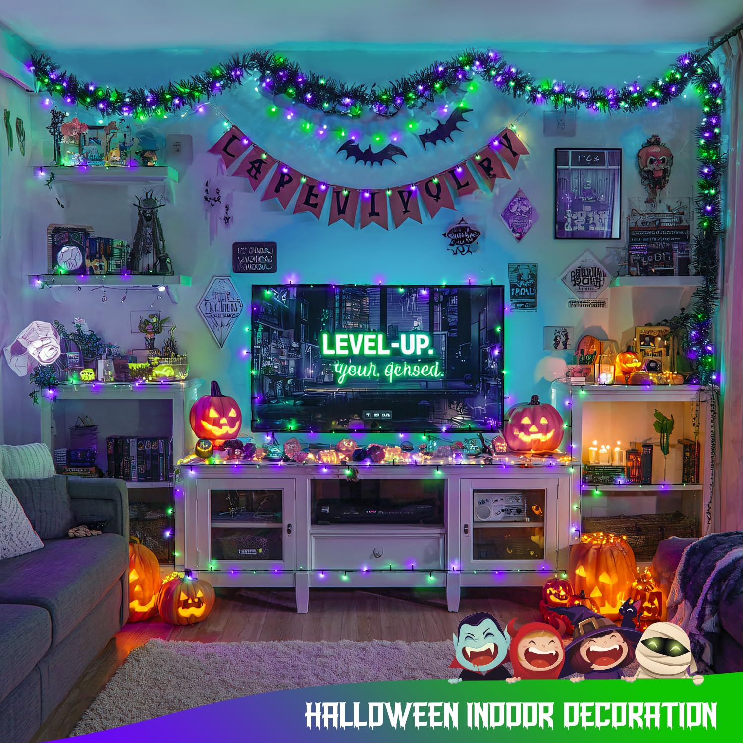 JMEXSUSS Halloween String Lights, 200 LED, 66ft Connectable, Purple and Green, 8 Modes, Waterproof for Indoor/Outdoor Decor