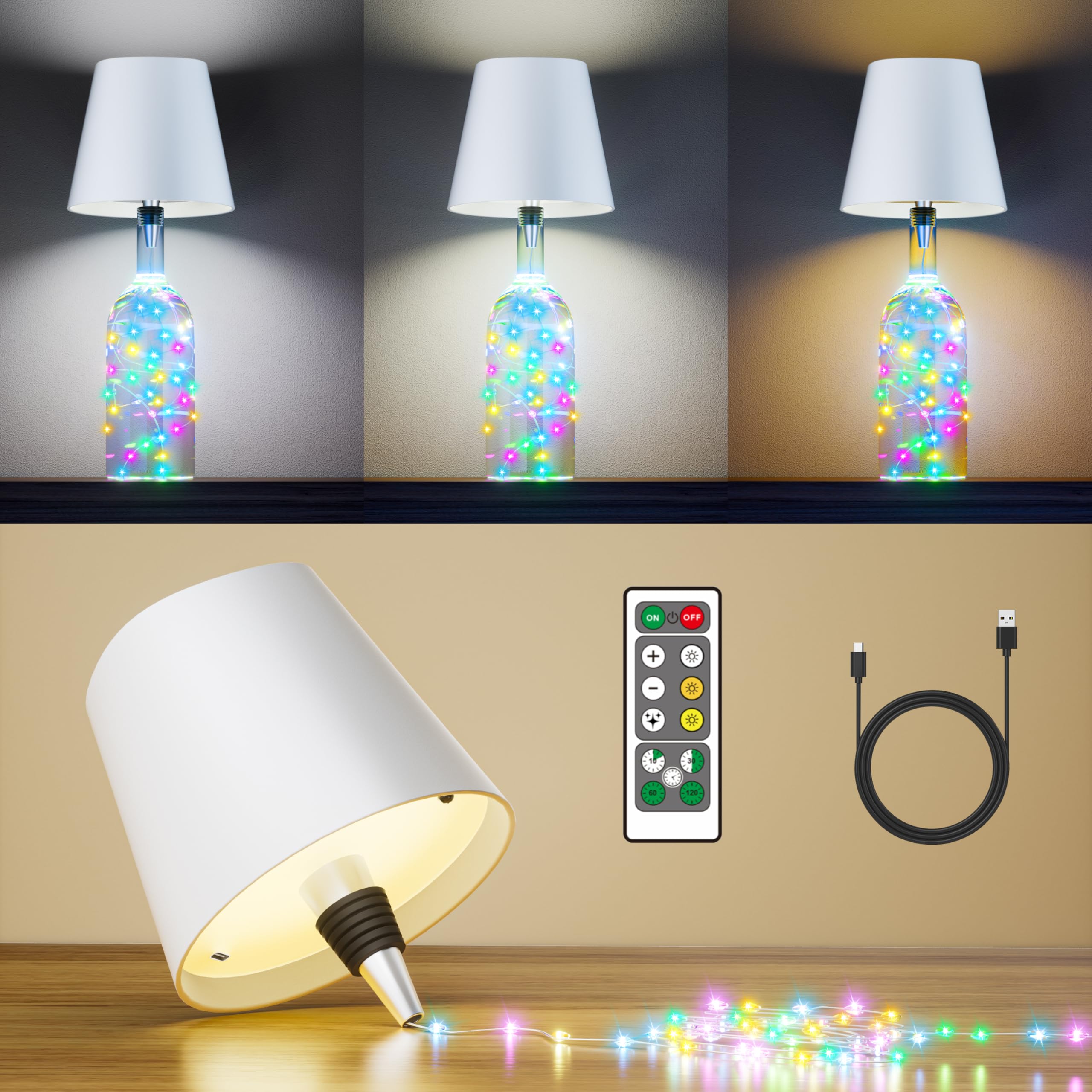 HOMEBEST Wireless Bottle Lamp with Remote & Timer, Rechargeable, White, 1 Pack, Model HL10-WH1P