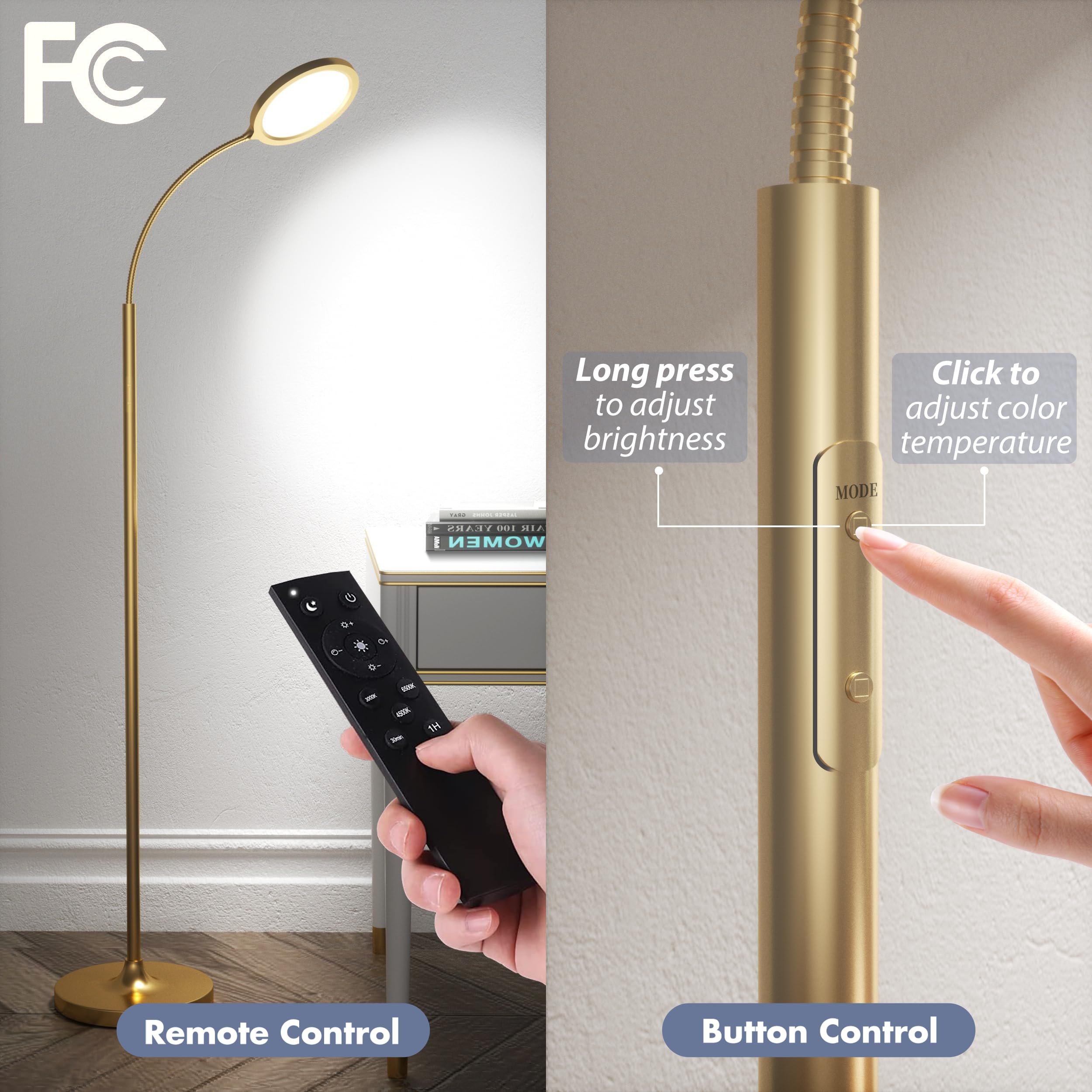 Luckystyle Gold Dimmable LED Floor Lamp with Remote, Adjustable Gooseneck, Model LY-UK-05