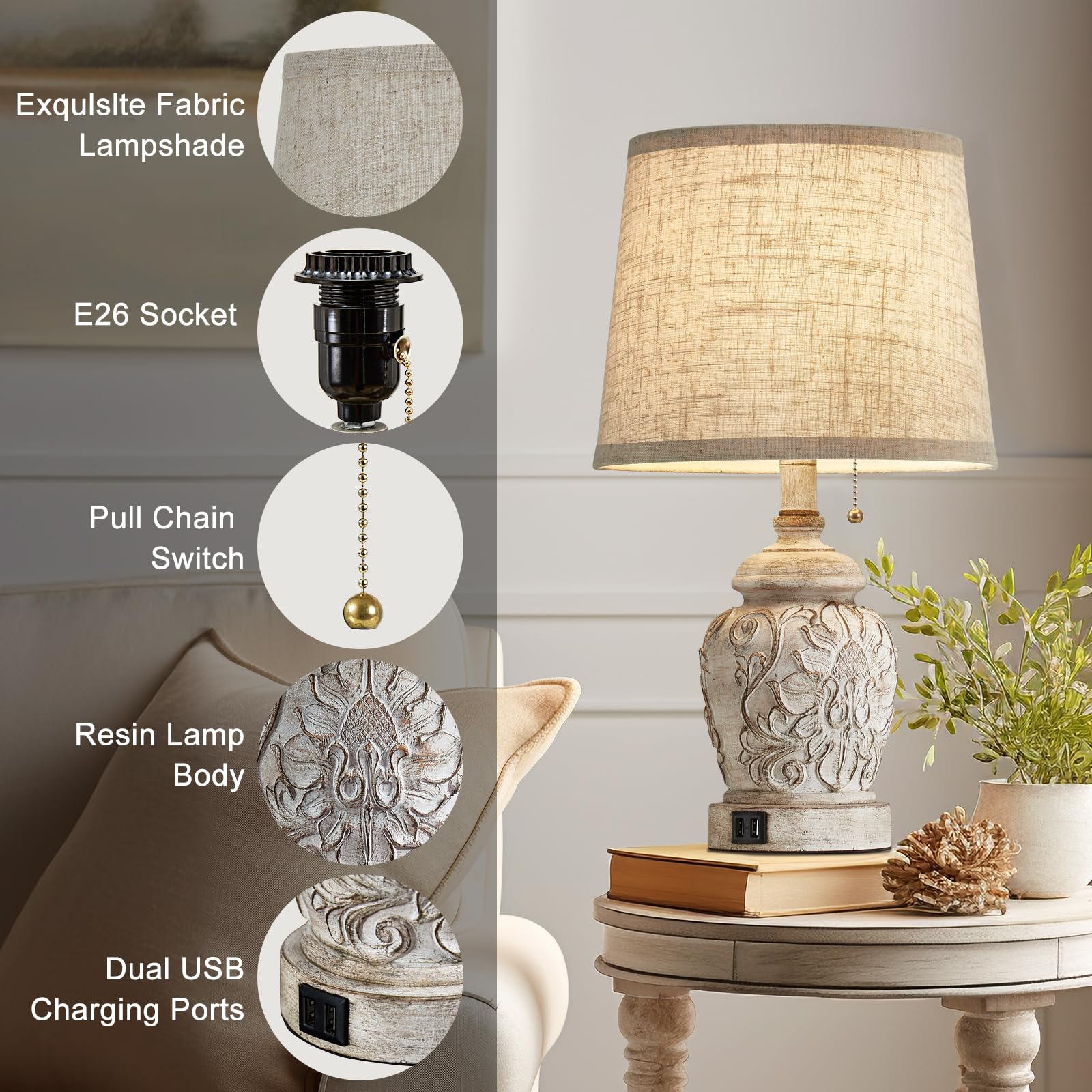 Fullarge Vintage Rustic Table Lamp Set of 2, 19.5" White with Pull Chain Switch and USB Ports for Living Room/Bedroom Decor, Model T0126