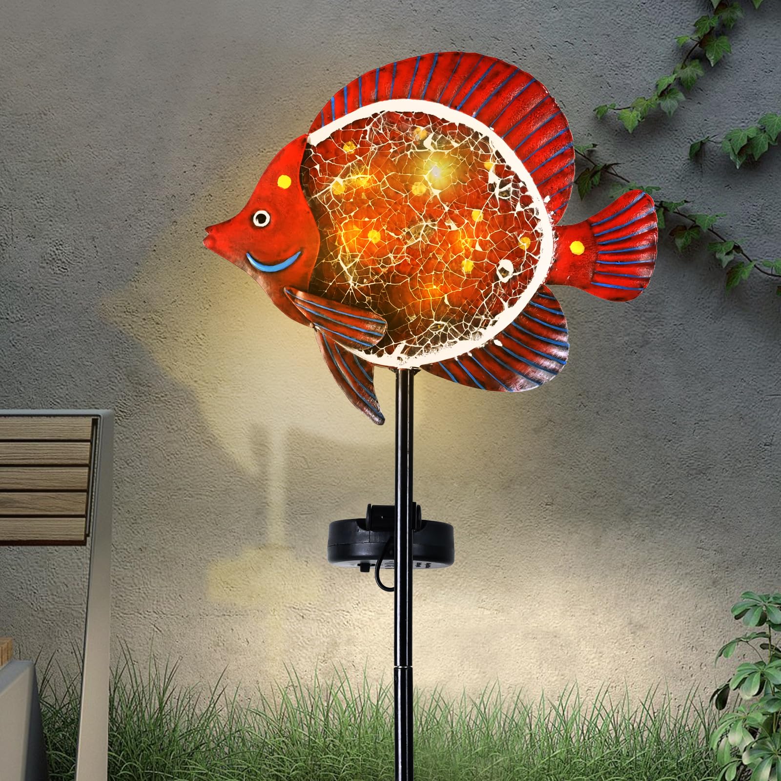 Yiosax Solar Outdoor Decorative Lights - Waterproof 7 LED Clownfish Garden Stakes - Red - Model Yiosax-2409 for Lawn & Path Decoration