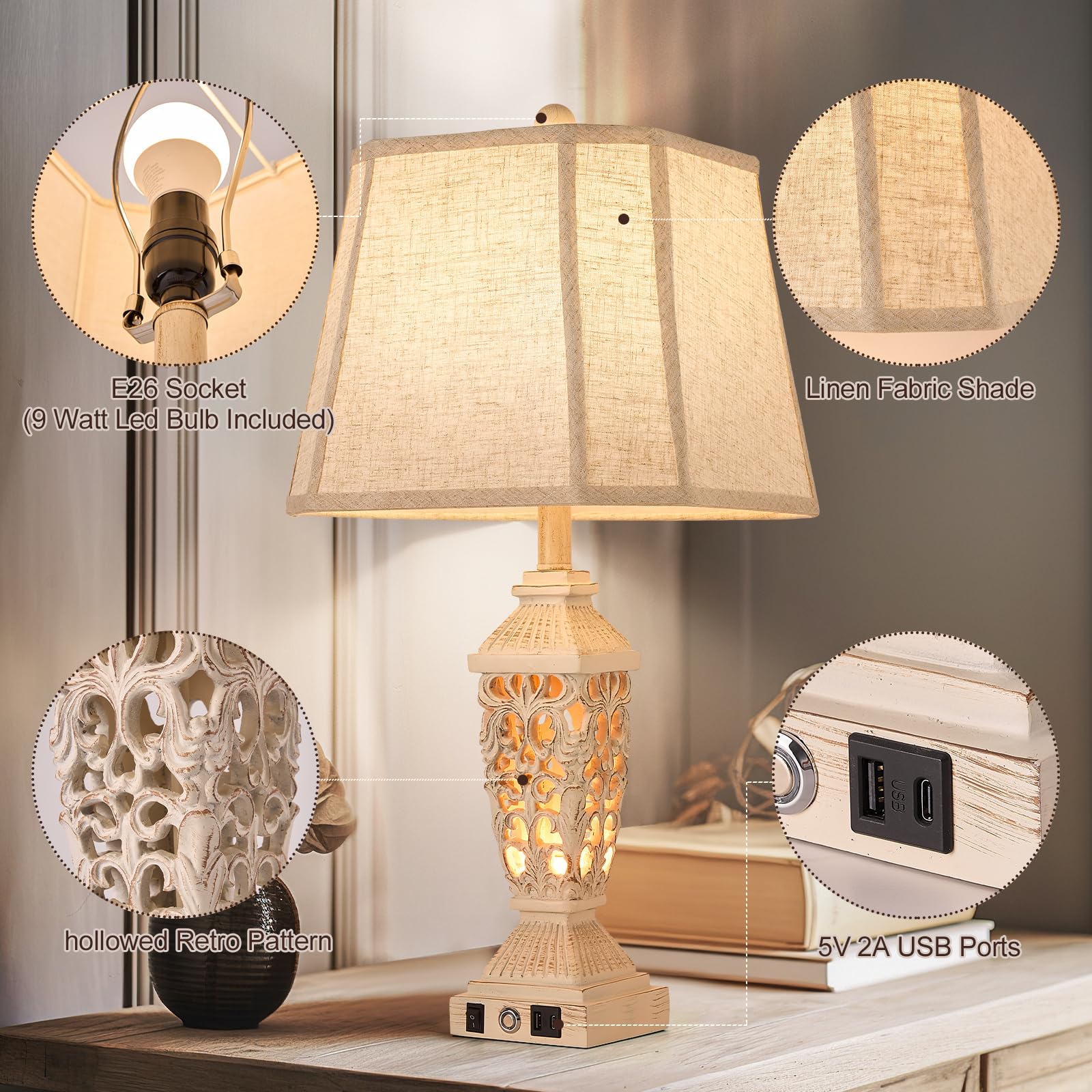 Aidenoey Farmhouses Table Lamp With Usb & Usb-C Charging Ports, 3-Color Dimmable & Stepless Bottom Dimming, Touch Control & Swit