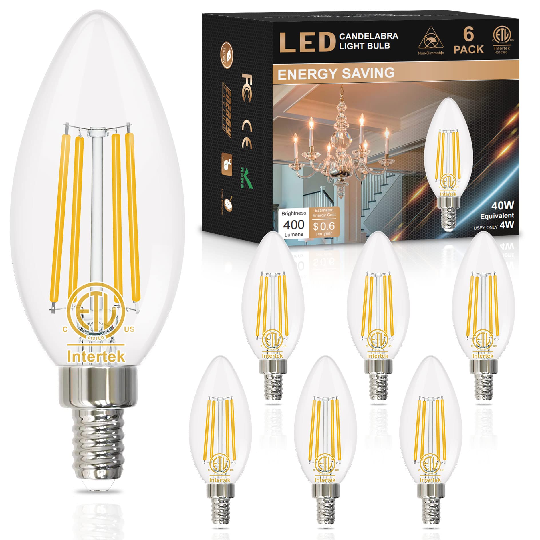 Hansang E12 Led Candelabra Bulb 2700K Warm White, 40W Equivalent Type B Light Bulbs, 4W Candle Shape B11 Led Bulb For Chandelier