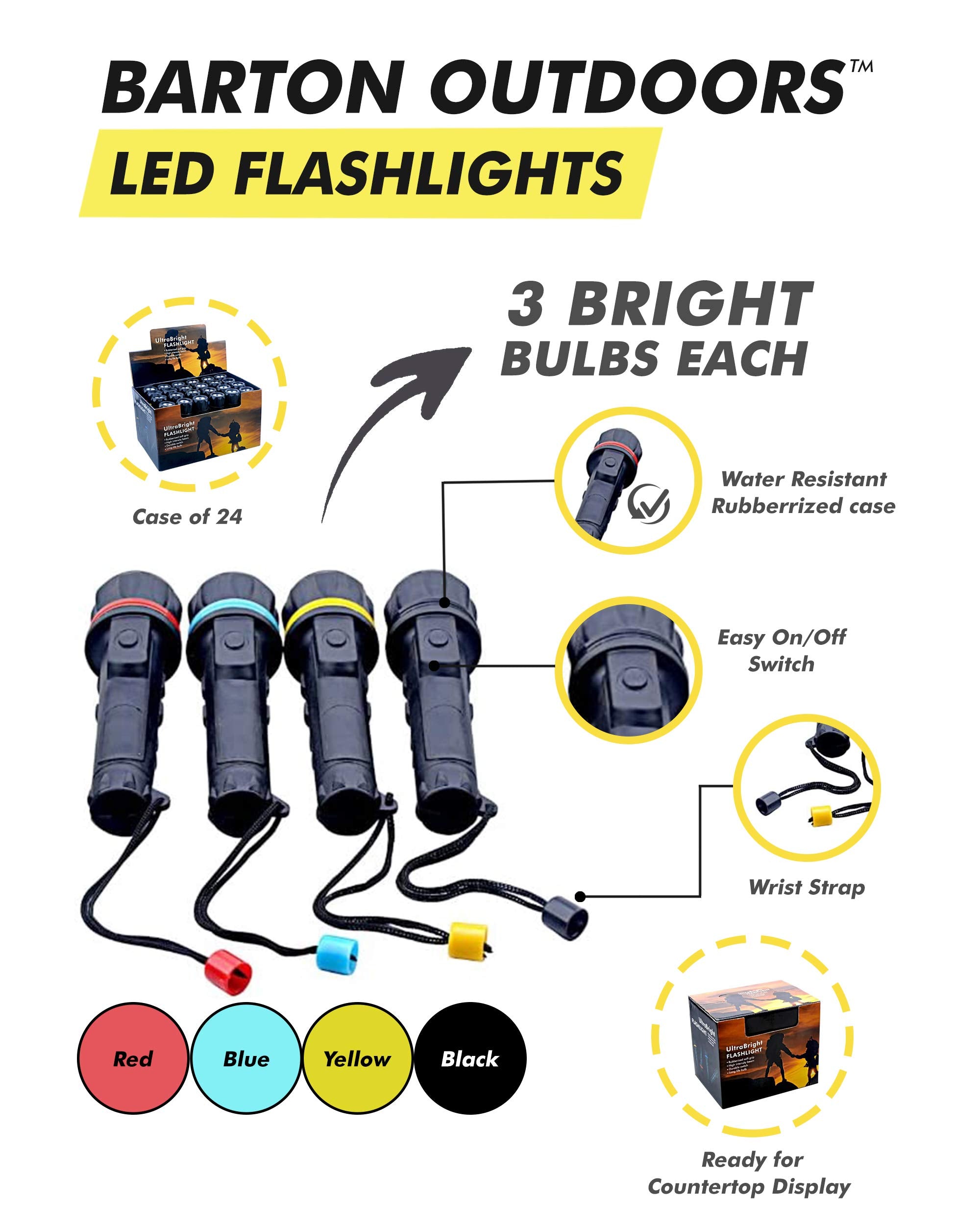 Barton Outdoor Led Flashlights - 3 Bright Bulbs Each - Easy On/Off Switch - Water-Resistant Rubberized Case - Wrist Strap - Box Of 24 - Ready For Countertop Display