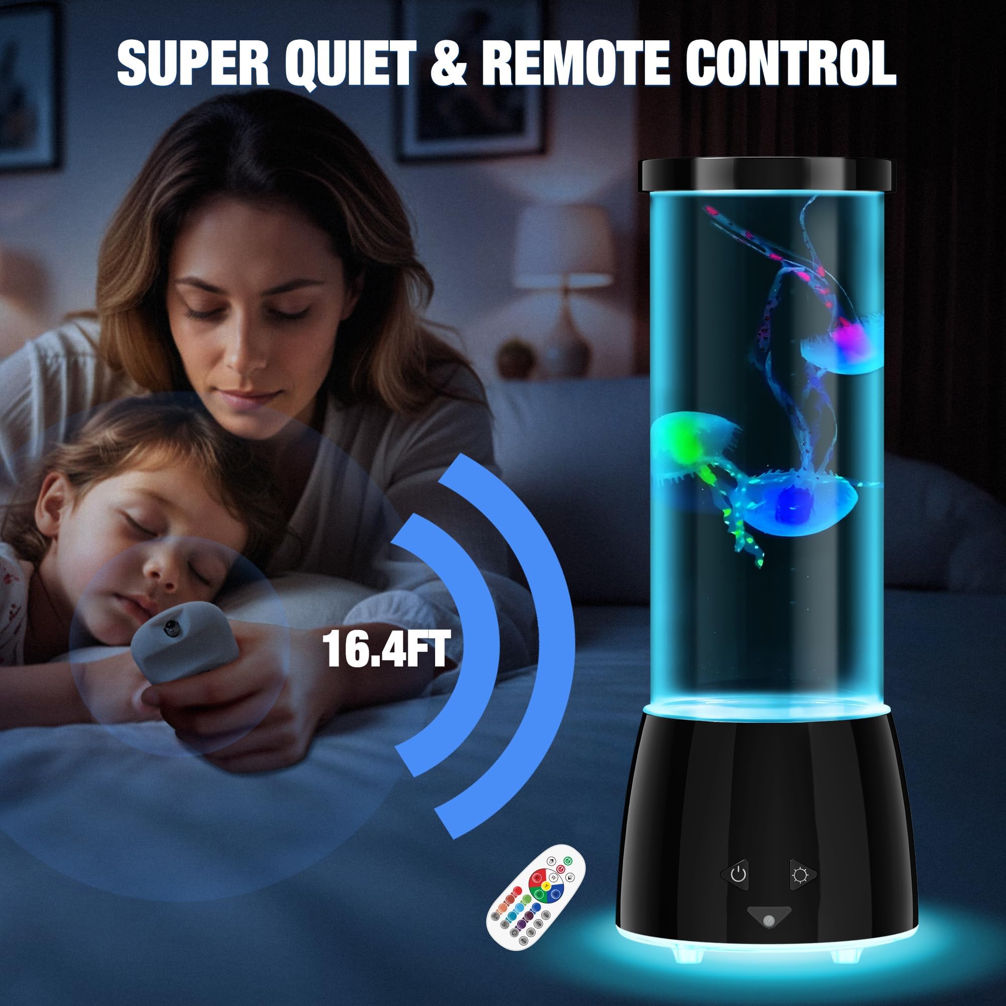 GuardWee Jellyfish Lamp - 17 Color Changing Modes, Remote Control, USB Rechargeable, Black, Model 6607