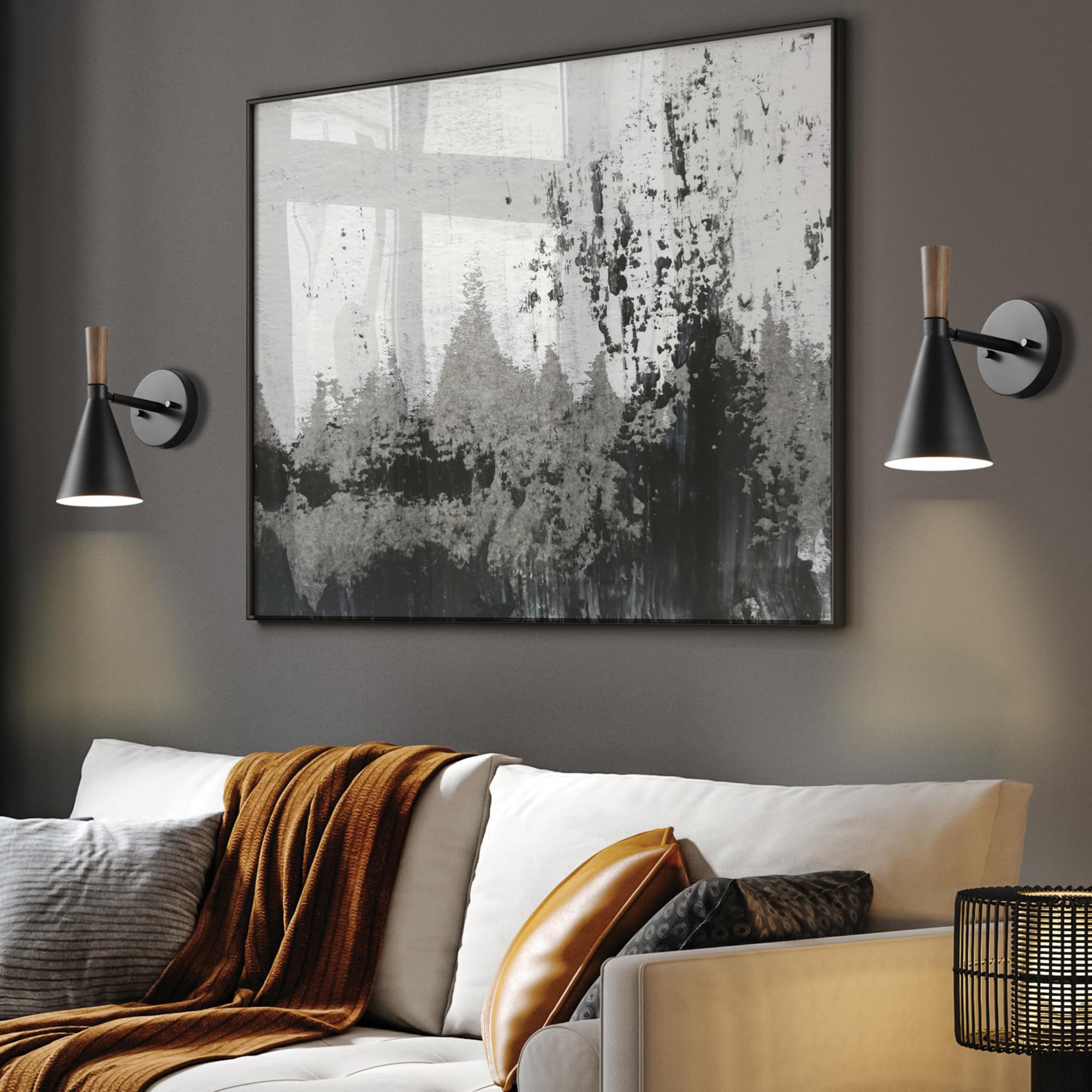 Globe Electric 65000101 1-Light Plug-In Or Hardwire Wall Sconce, Matte Black, Wood-Toned Stepless Rotary Dimmer Switch On Pivoti