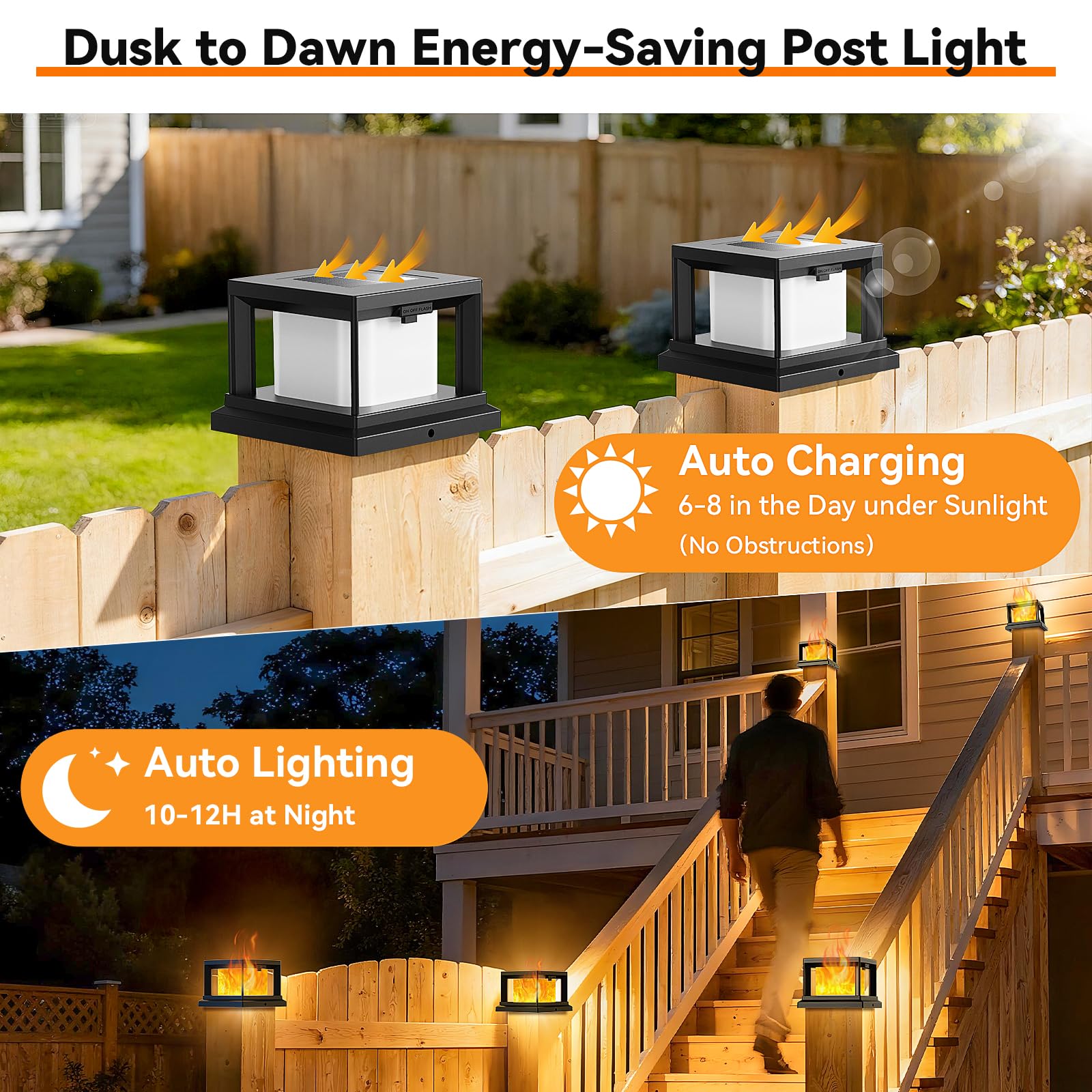 Solar Post Cap Light Outdoor with Flickering Flame, Waterproof Solar Powered Deck Cap Light for 4x4 Wooden/4x4 Vinyl Post, Black