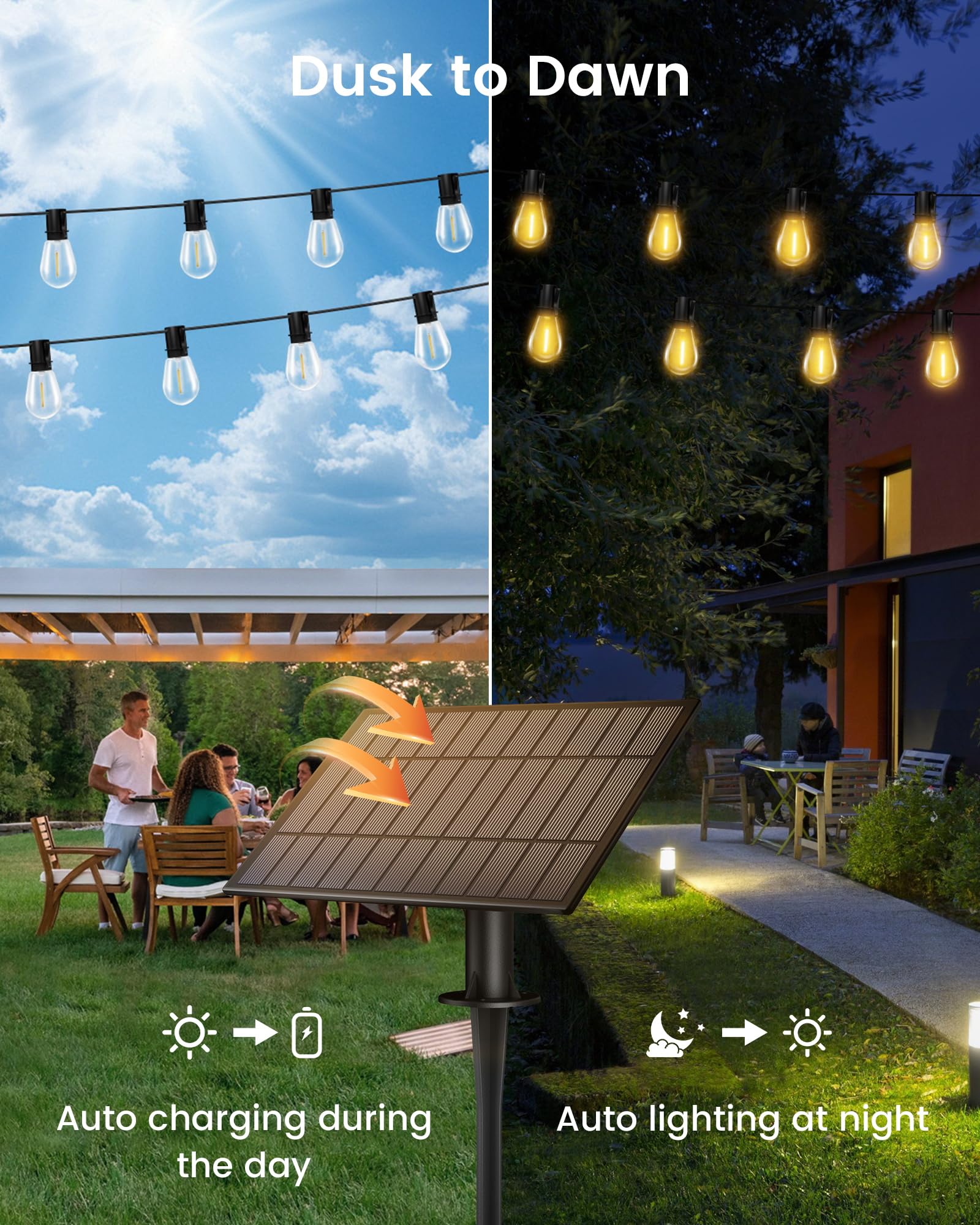 Torkase LED Outdoor String Lights, 100FT, Warm White, 25+2 Shatterproof Bulbs, Waterproof, Solar Powered, Commercial Grade