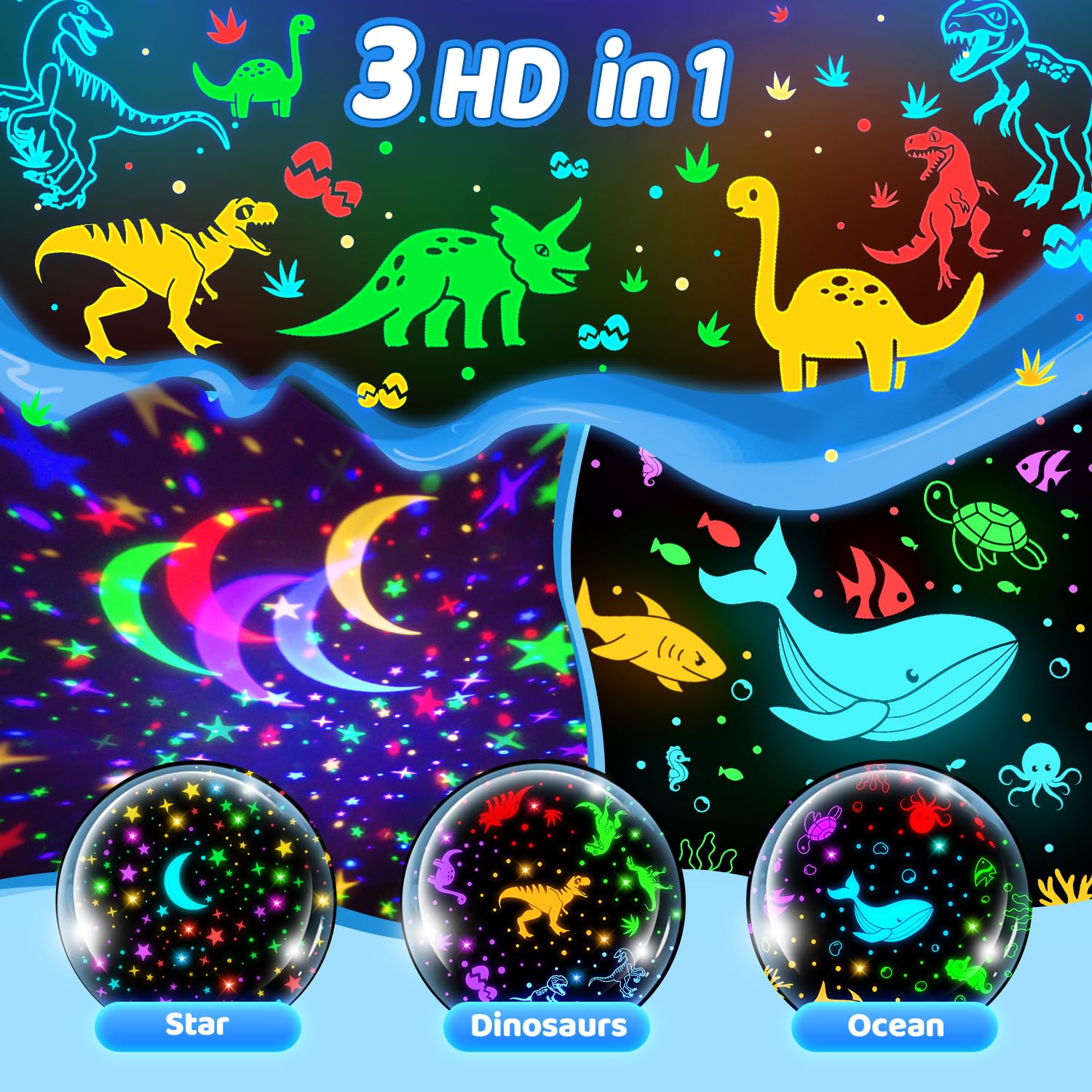 PIKOY Dinosaur Night Light Projector Toys | 3D Films, 31 Colors, 360° Rotate | Black | For Kids 2-10 Years | Jurassic World Decor
