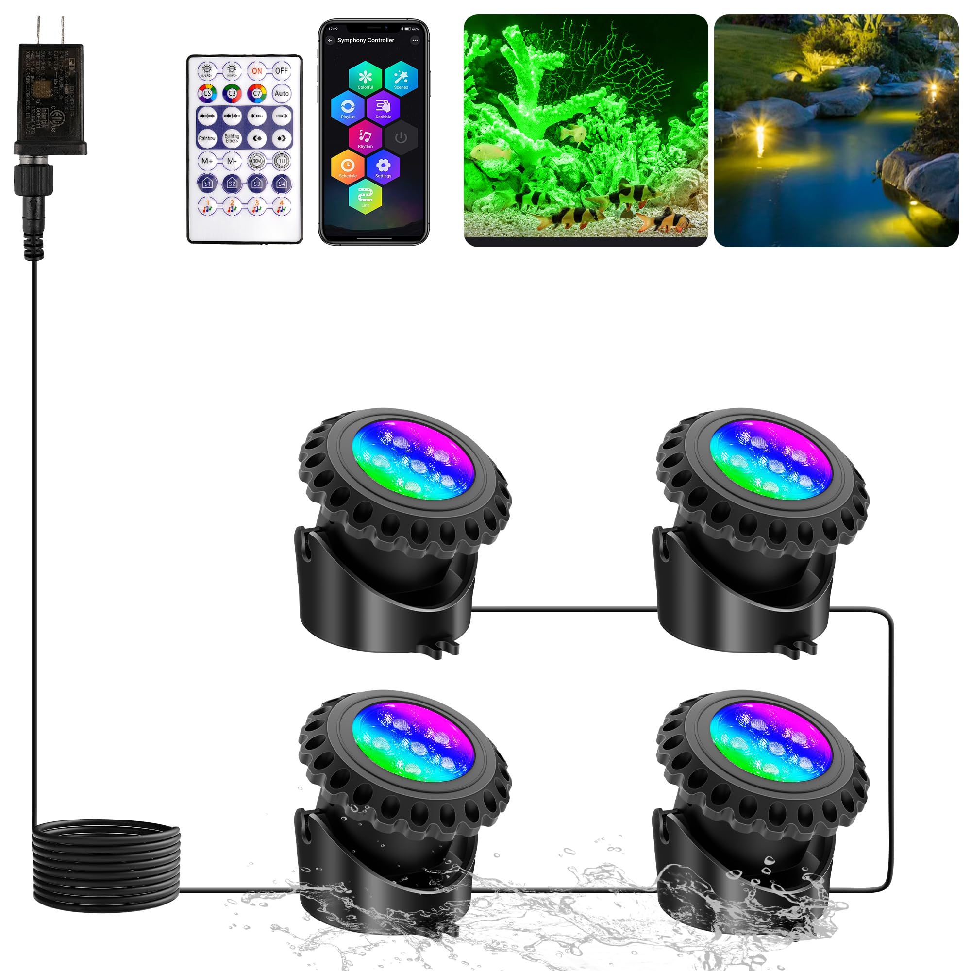 T-SUN Colored Pond Lights, Bright LED Underwater Pond Light Submersible Fountain Lights APP and Remote Control,Dimmable,Timer, I