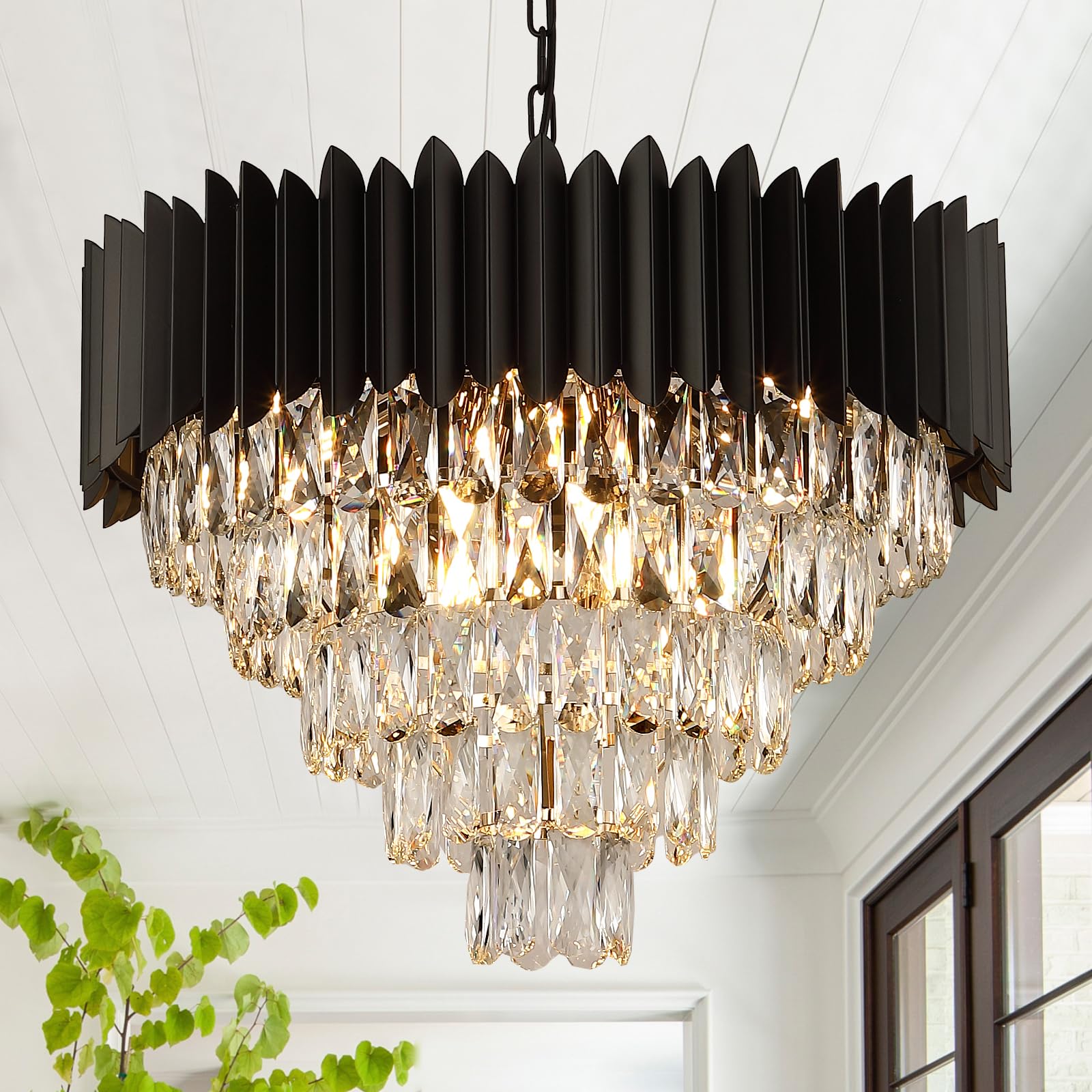 A AXILIXI Black Crystal Chandeliers Modern Round Chandeliers 24'' Dimmable 12 Lights Ceiling Pendant Light Fixtures 5 Tiers Luxu