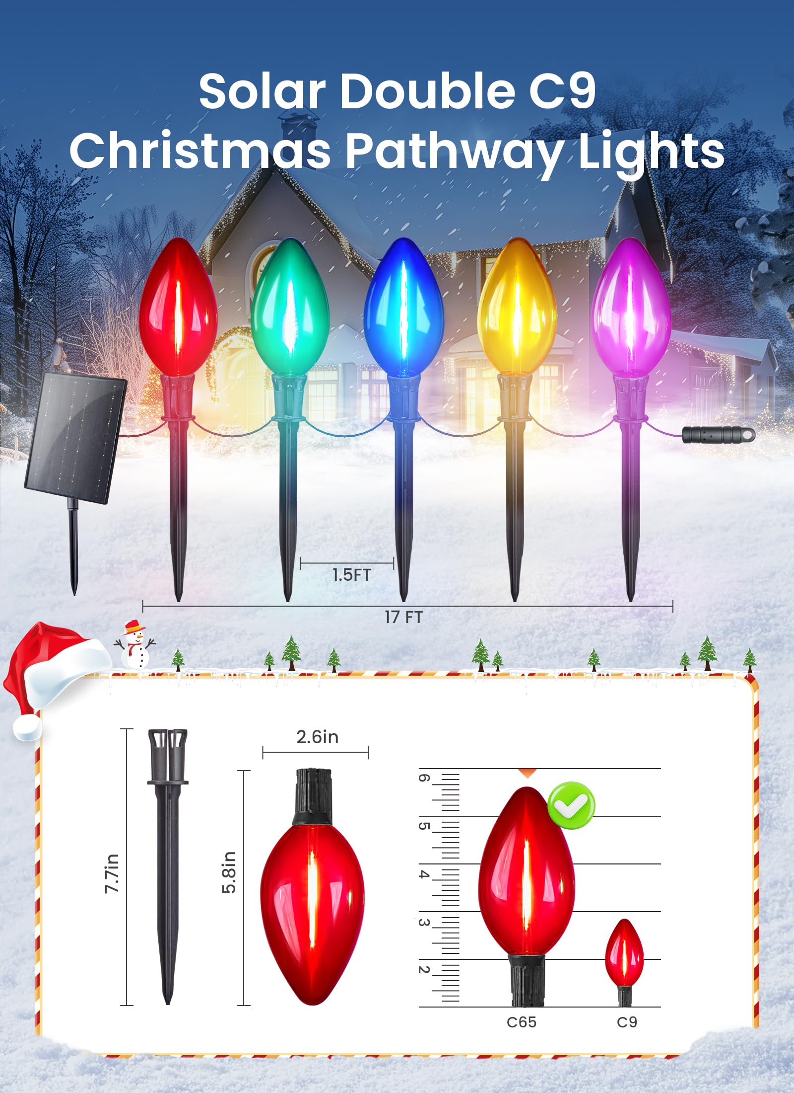 Minetom Solar C9 Christmas Pathway Lights - 16FT, 10 LED, 8 Modes, Multicolor, Outdoor Decorations