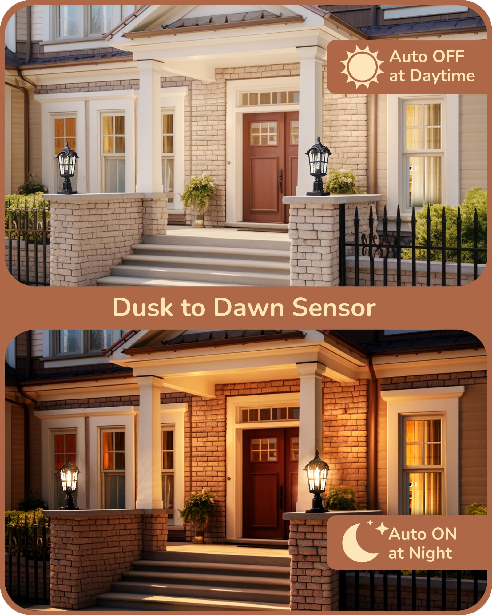EDISHINE Outdoor Post Light, Dusk to Dawn, Black Aluminum, Waterproof, Water Ripple Glass, Model HOPL01A, Normal Size