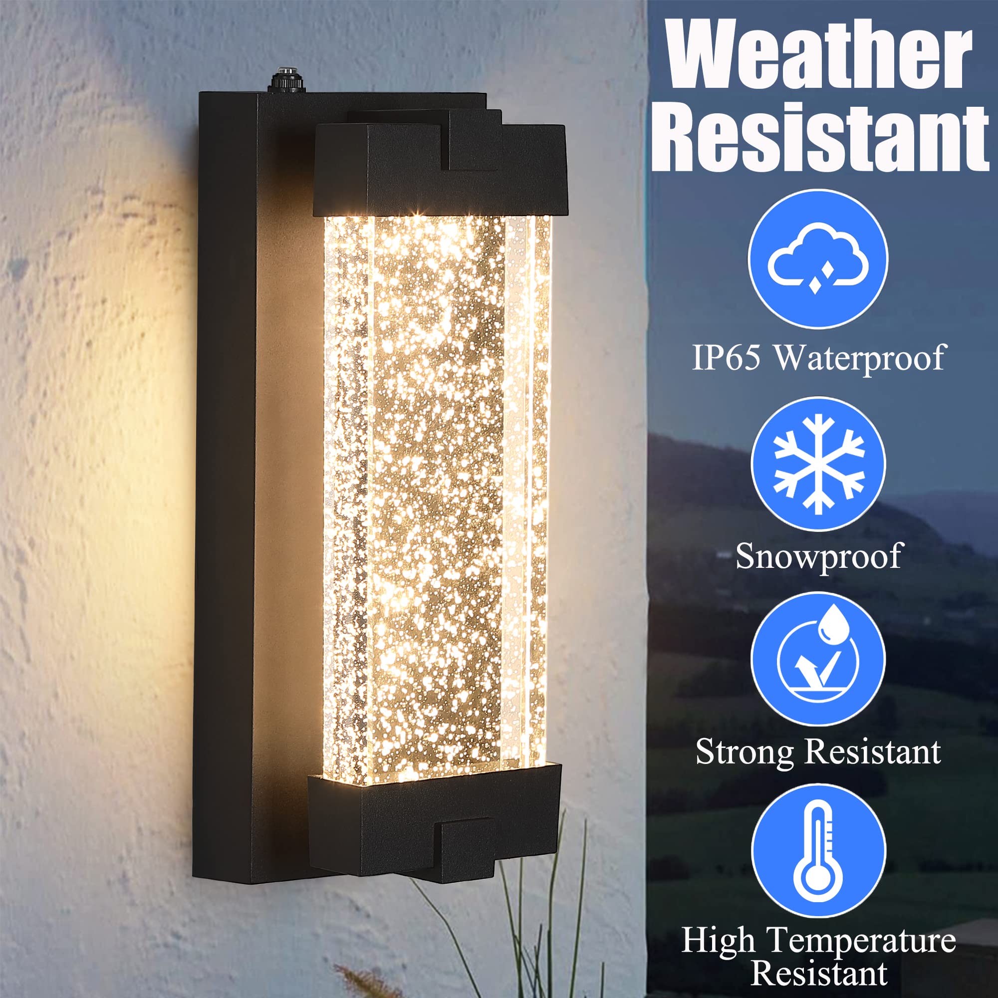 Elimegan Black Wall Sconce - Modern Exterior LED Lantern with K9 Crystal Bubble & Dusk to Dawn Sensor, Model 3ff44680