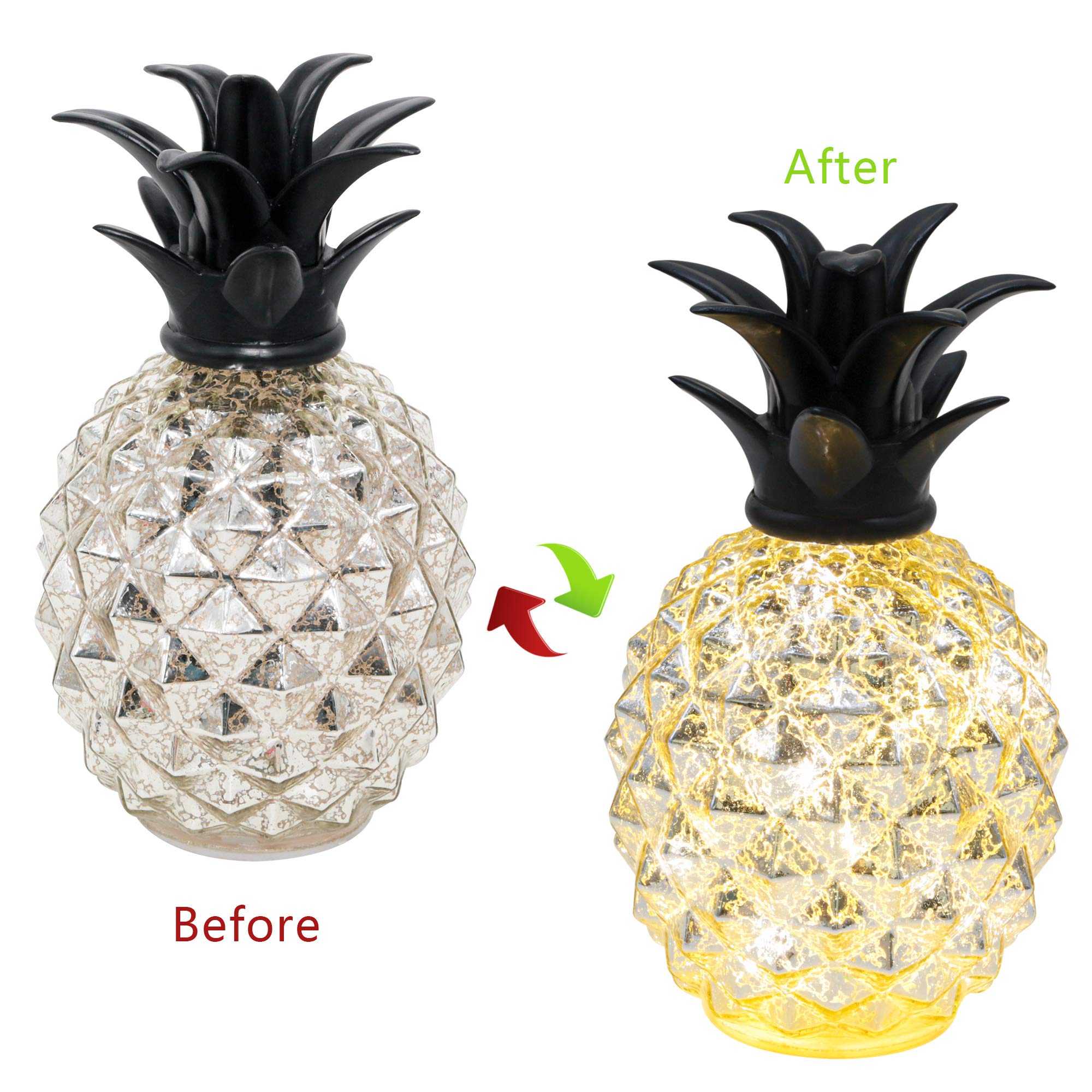 Romingo Pineapple Lamp, 9 Inch Silver Mercury Glass, Battery Operated Night Light with Timer, Model BL17008C