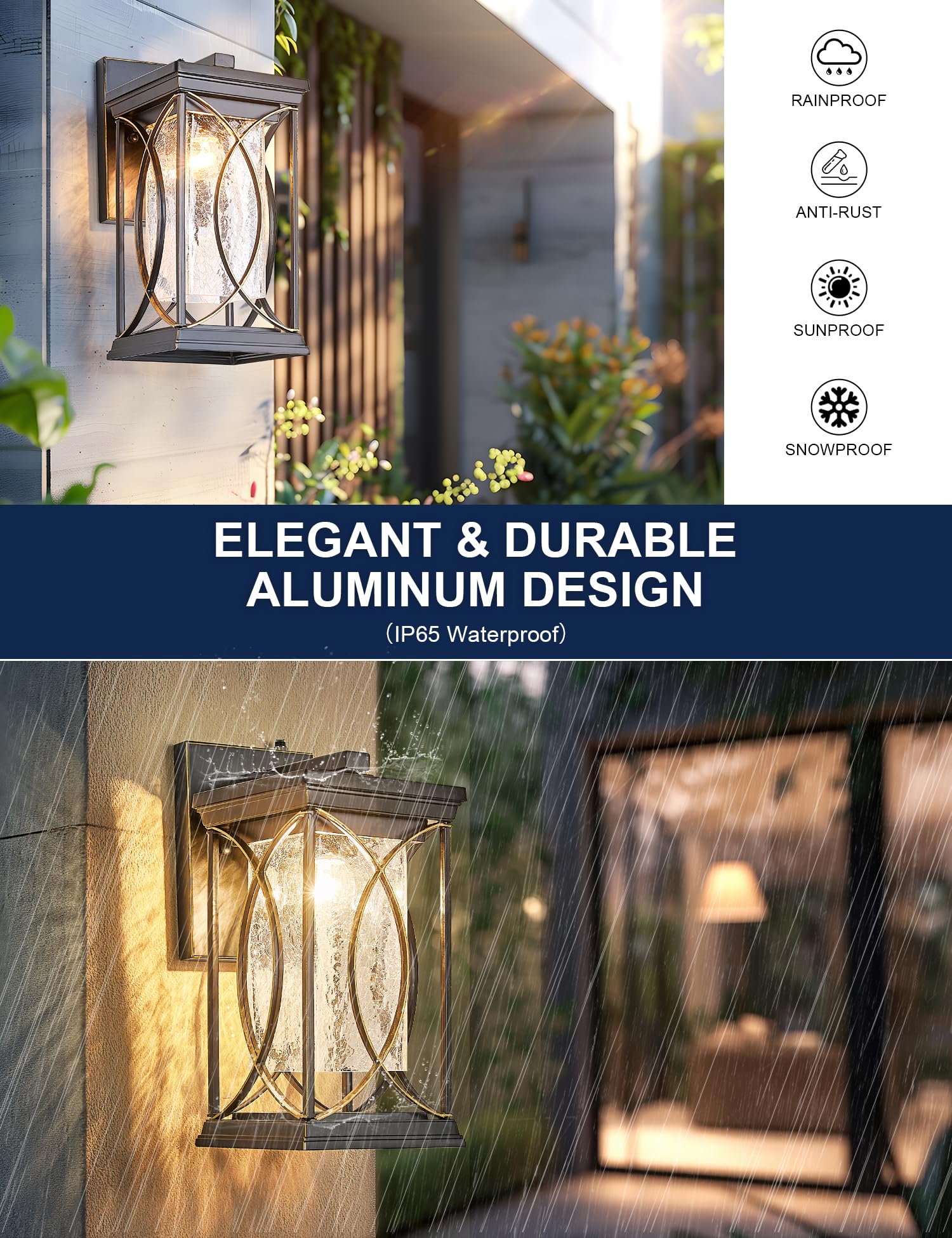 Delicavy Dusk to Dawn Outdoor Wall Light - Waterproof Aluminum Sconce, Black with Gold Trim, Large, Model L-920
