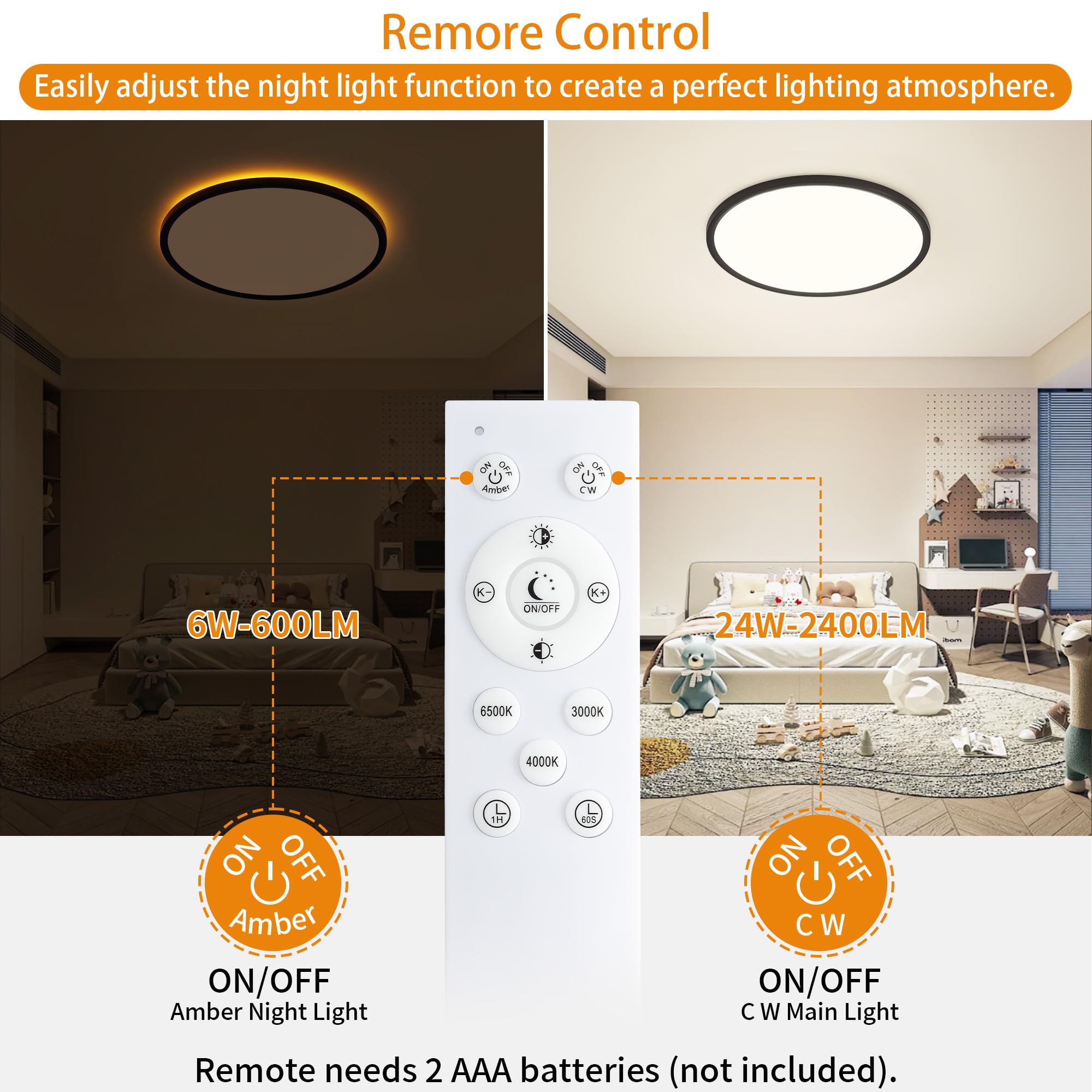 UprizeP Flush Mount Ceiling Light 11in LED, 1800K Nightlight & 3000-6500K Dimmable, Black, Model SK1039