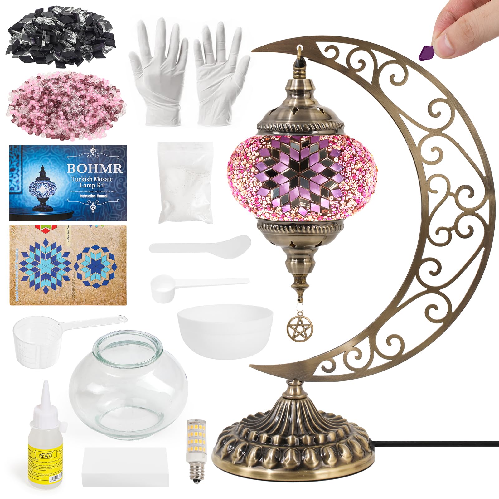 BOHMR DIY Turkish Mosaic Lamp Kit  Moon Stained Glass Lamp Making Kit- Easy Fun No Experience Needed  Mosaic Art & Craft Project Kits for For Mature Userss & Teens  Make Your Own Table Lamp Christmas Gift Pink