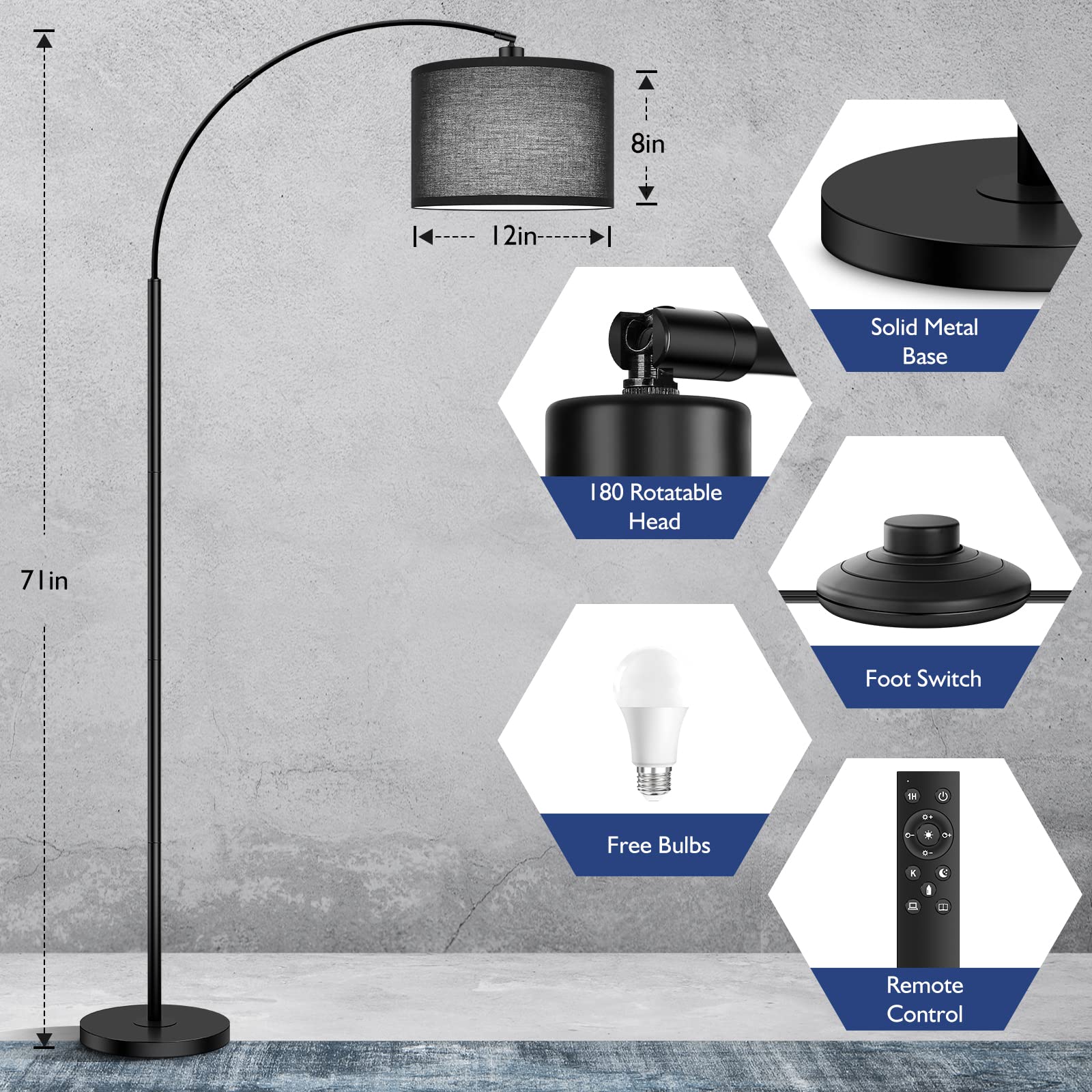 Arc Floor Lamps For Living Room, Modern Remote Control Standing Lamp With Stepless Dimmable, Black Tall Lamp With Black Drum Sha