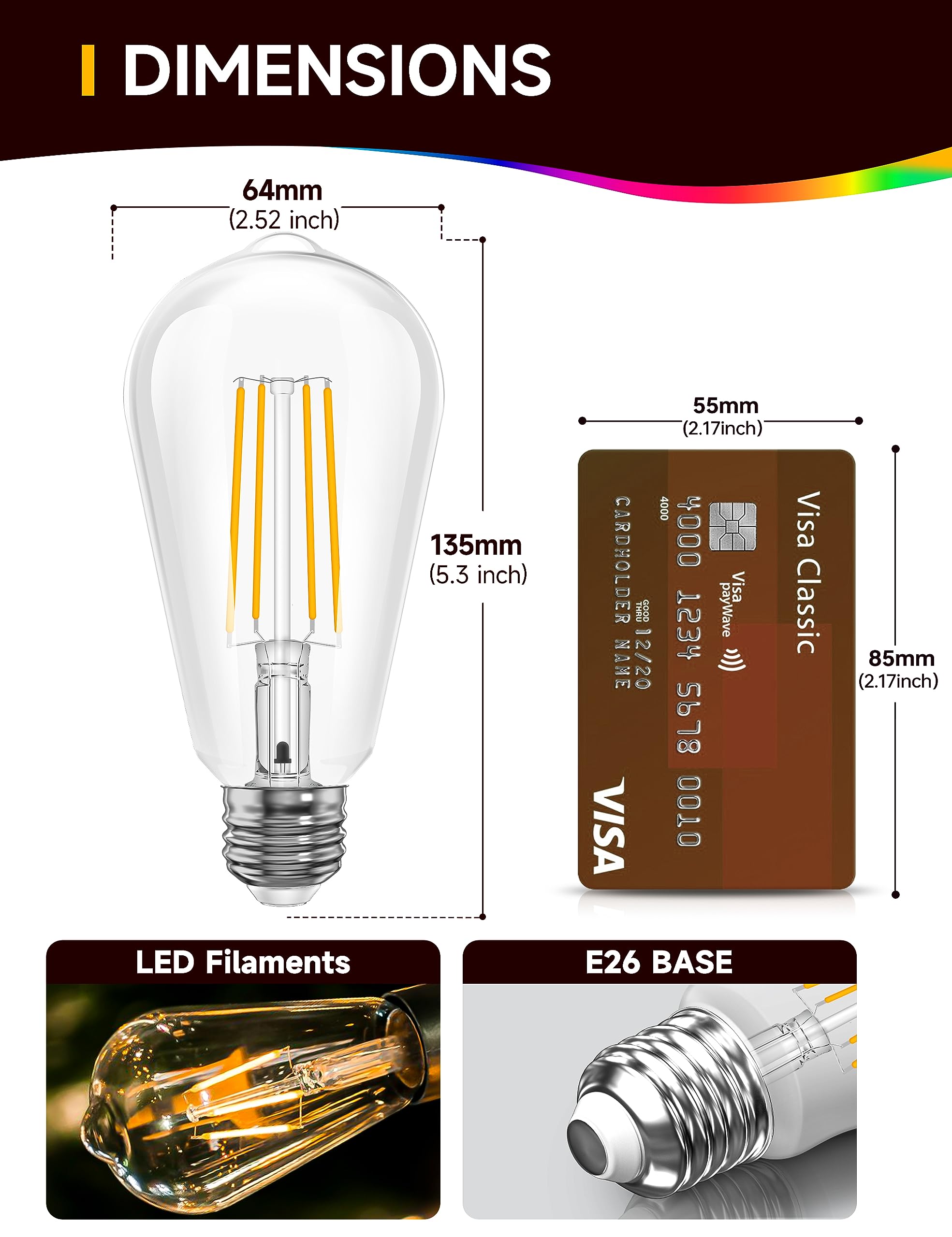 UNILAMP Dusk to Dawn Outdoor Light Bulbs, ST64 6W Equivalent, 2700K Soft White, E26 Base, Photocell Sensor, 8 Pack