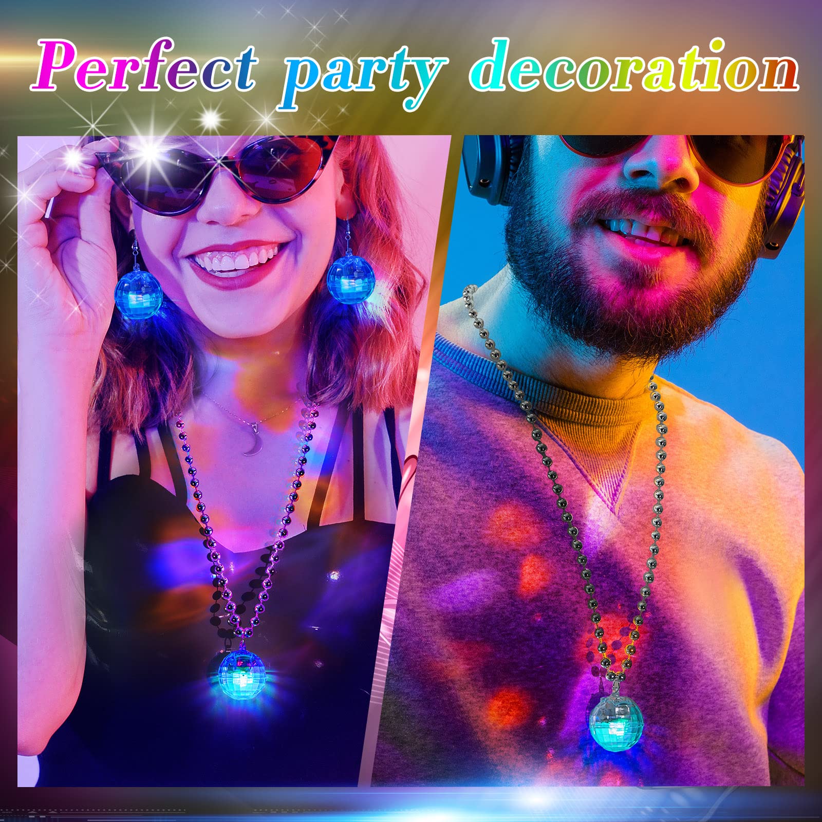 Sasylvia 2 Pcs Led Disco Ball Necklaces Light Up Disco Party 70S Necklace And 2 Pairs Light Up Disco Ball Earrings Sets For Birt