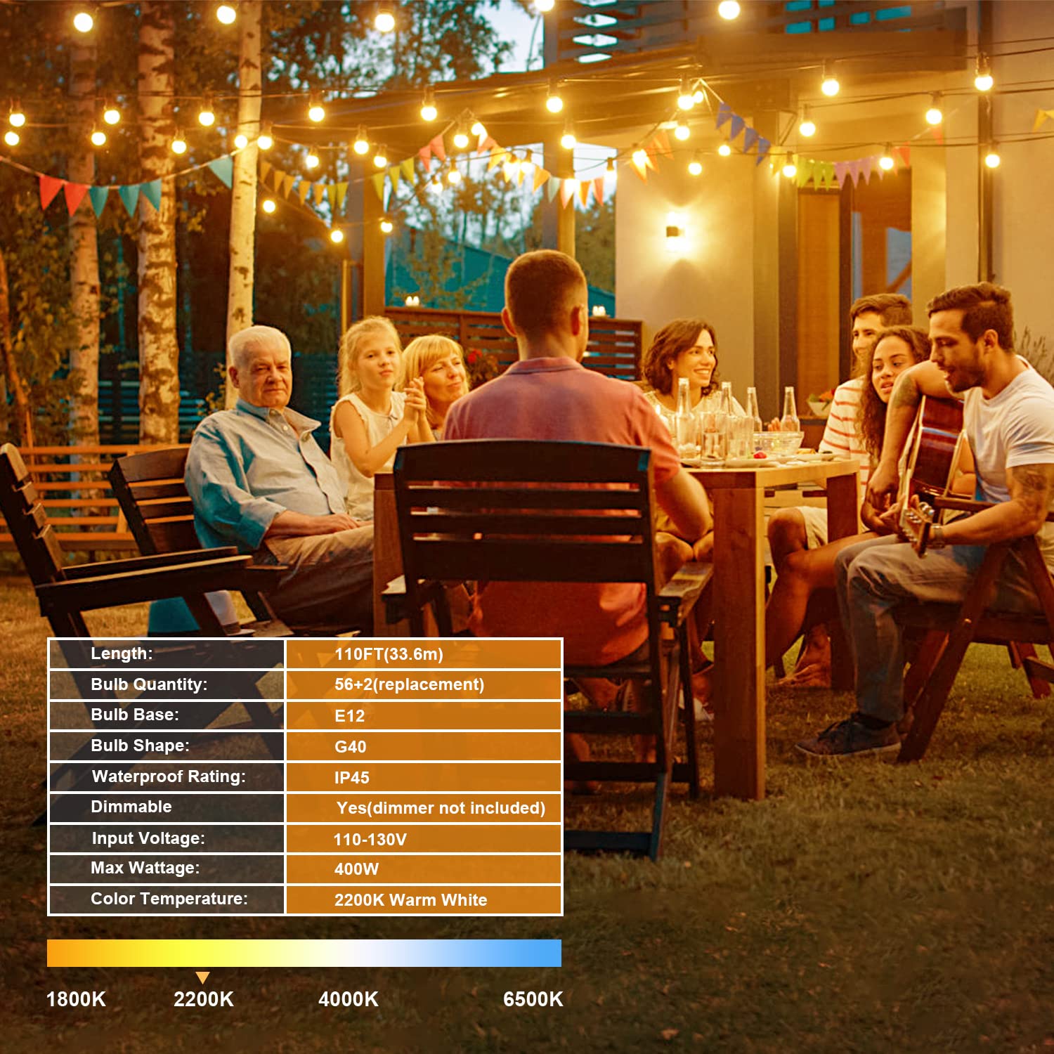 Ohlux Outdoor String Lights,110Ft Dimmable Patio Lights With 58 G40 Shatterproof 2200K Led Bulbs(2 Spare),Waterproof Hanging Lig