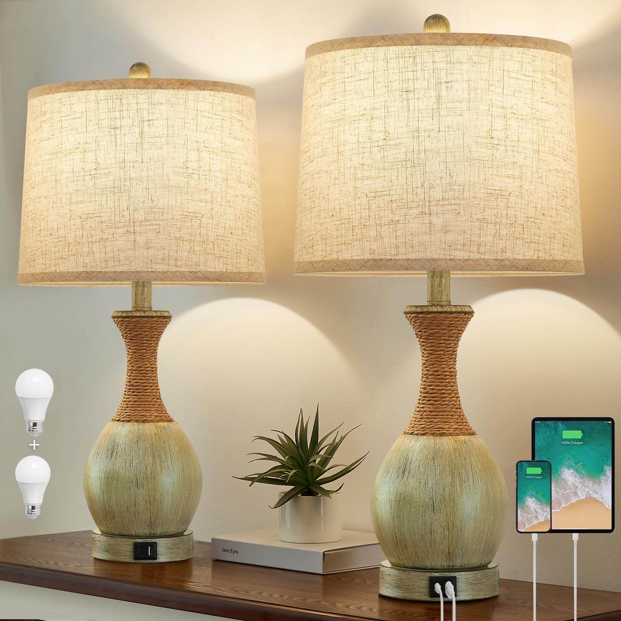 EJIAXIN Bedside Table Lamp Set of 2 - Bedroom Table Lamps with 3 Color Temperatures - Boho Rattan Lamps with USB A+C Charging Po