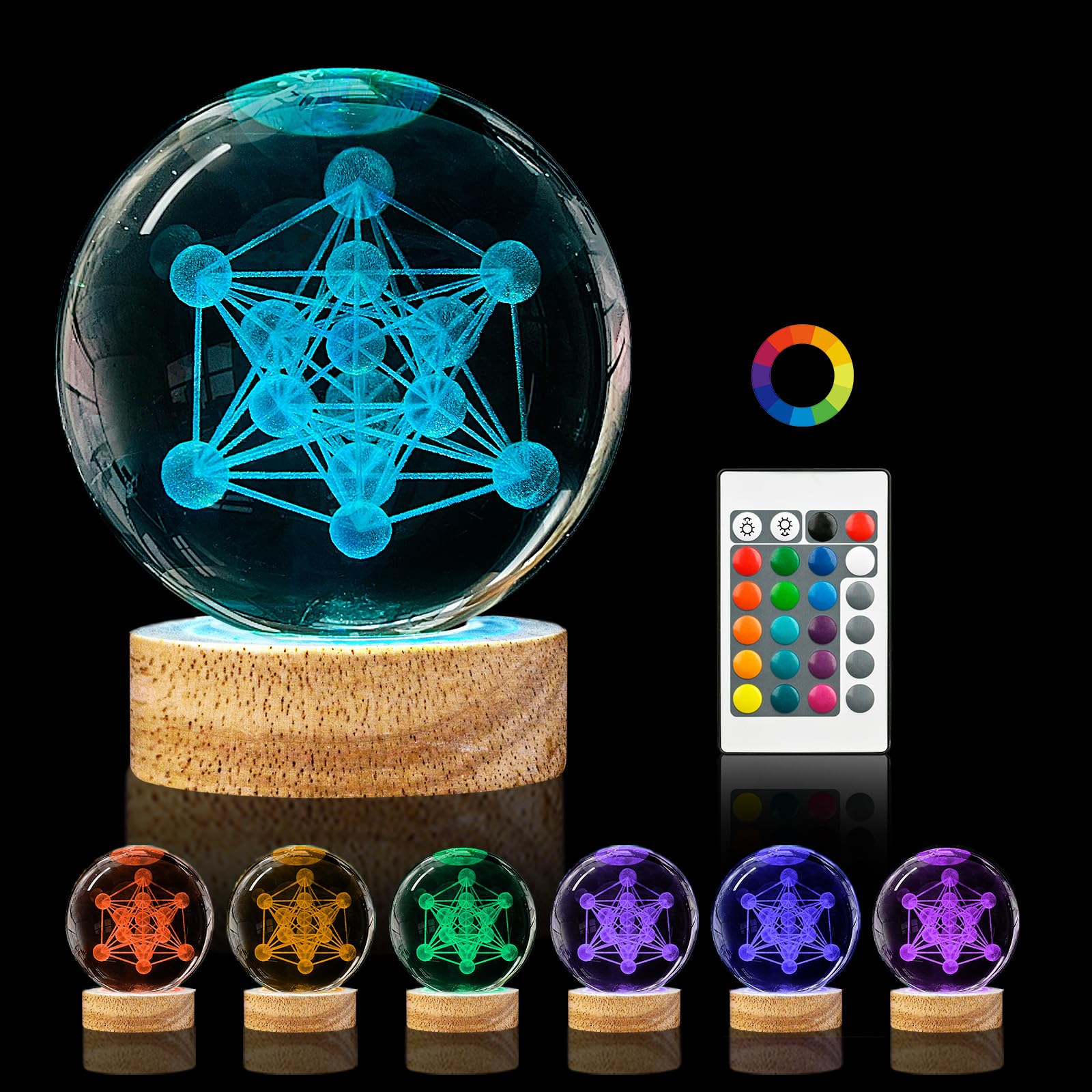 PYMIN3D 3D Metatron's Cube Crystal Ball Night Light,3.15in k9 Crystal Ball Lamp with 16 Colors Change,Wooden Base and Remote Con