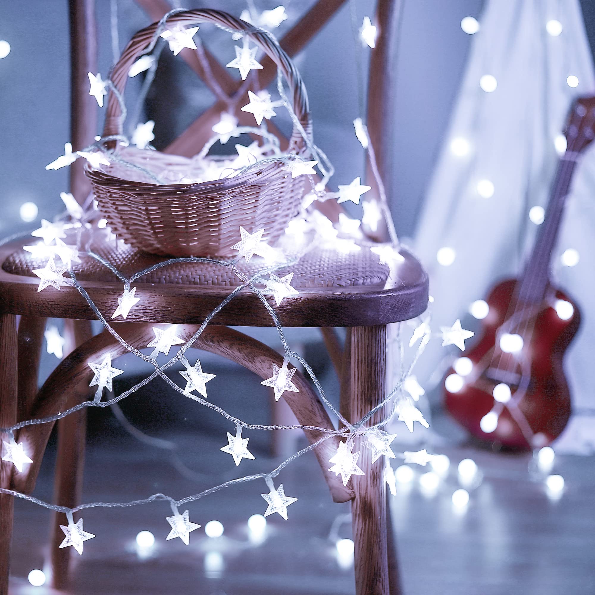 HEYFUNi LED Star String Lights, 100 LED 33FT White Fairy Lights for Outdoor Decor, 8 Modes, Model QX-U-O-S-100-W-C