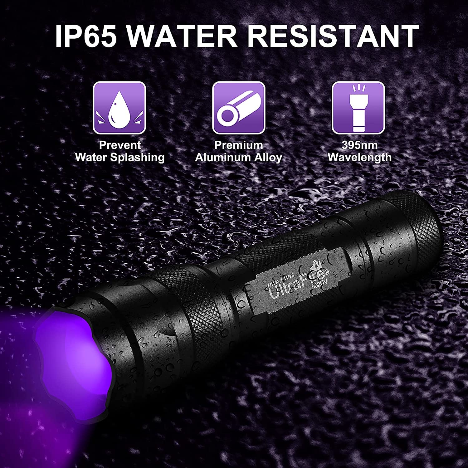 ULTRAFIRE UV Flashlight WF-502B, 395-405 nm Black Light, Aluminum, Black, for Leak Detection & Pet Urine Stains