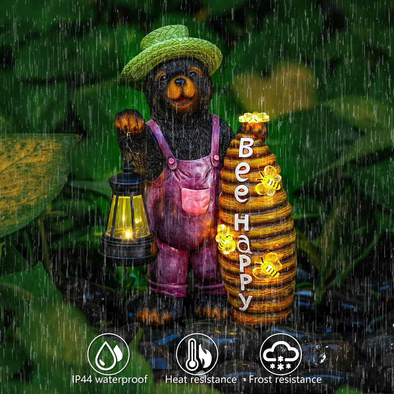 Joint Honglin Solar Adorable Bear Garden Statue with Beehive and Lantern - Bee Happy    Resin Outdoor Decoration for Yard, Patio