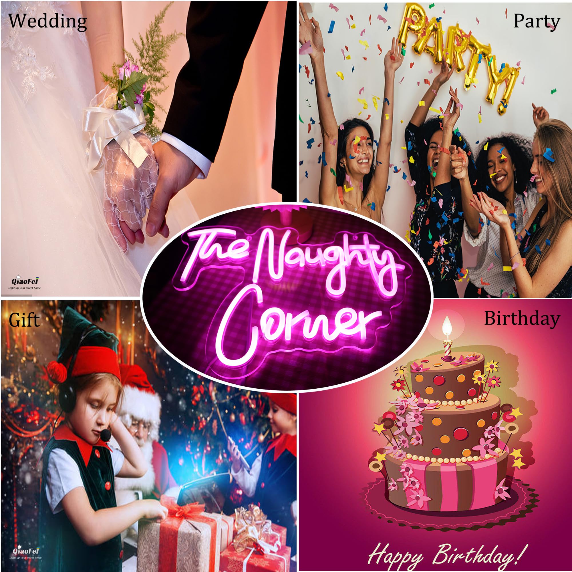 QiaoFei LED Neon Sign - "The Naughty Corner" Pink USB Powered Wall Decor for Girls Room, Home Bar, Party - Model QFLGT230310005
